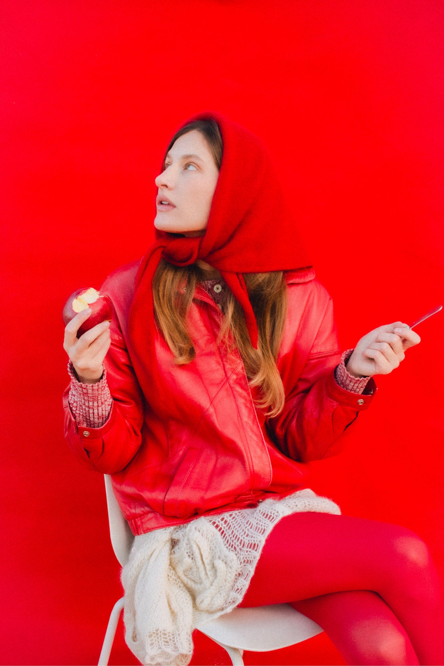 Hand - knitted Mohair Headscarf in Red