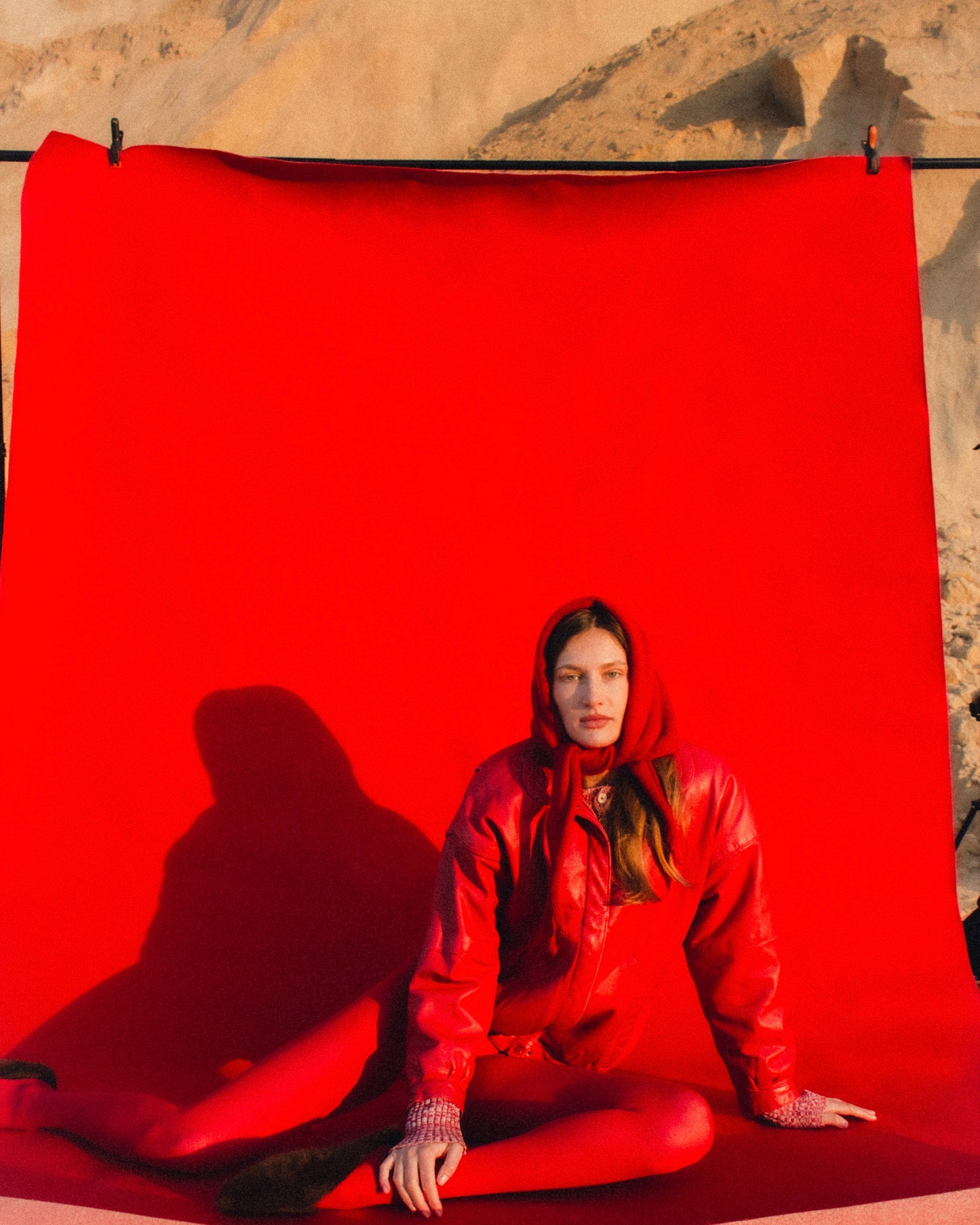 Hand - knitted Mohair Headscarf in Red