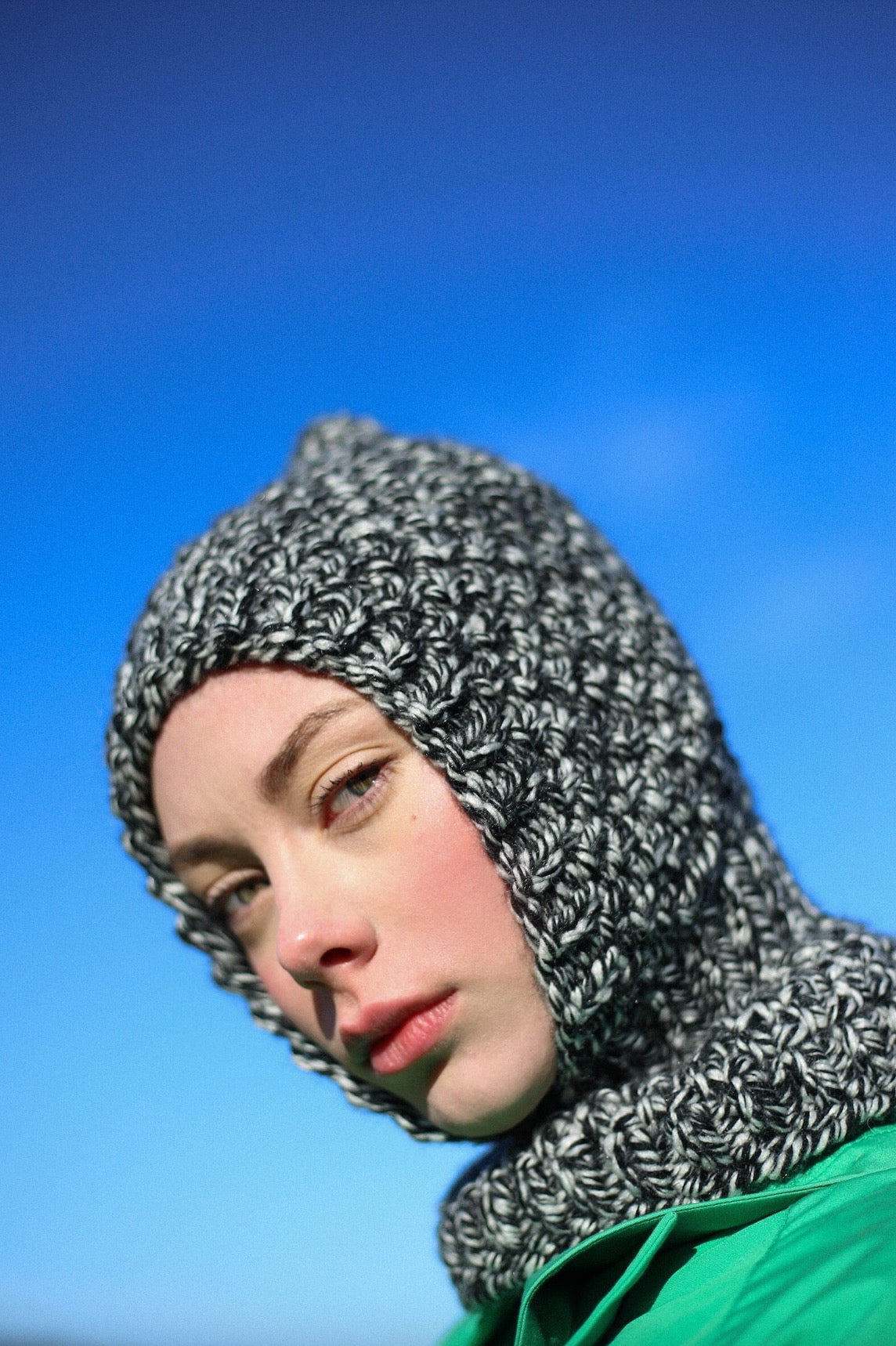 Chunky Woolen Balaclava in Black & White Melange