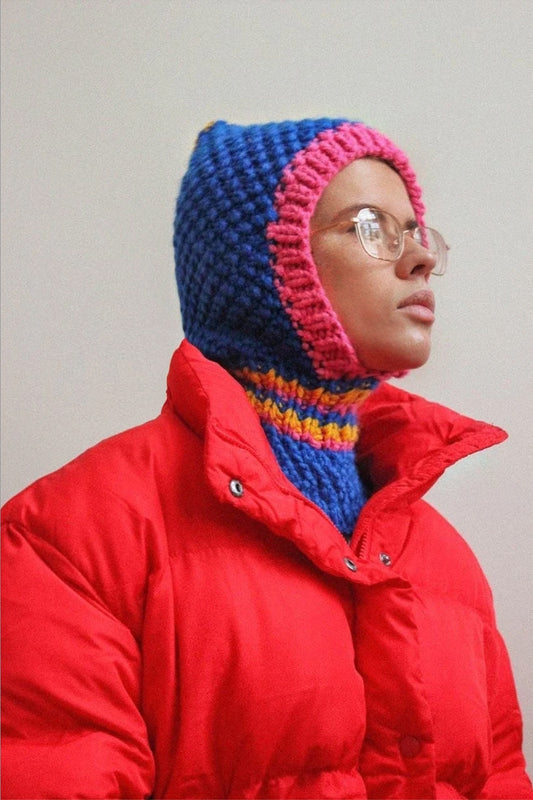 Chunky Woolen Balaclava in Multi Blue