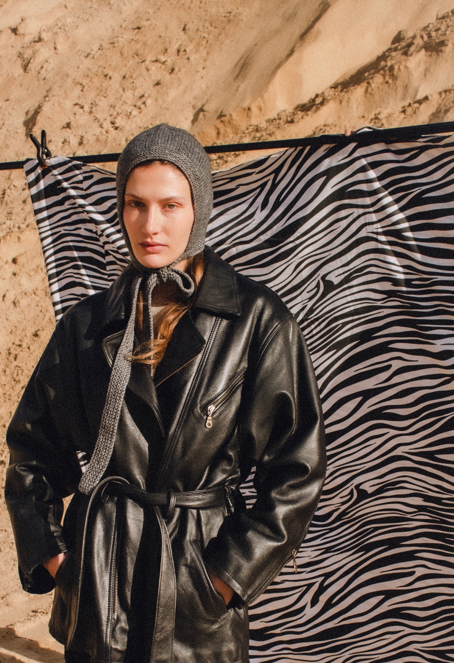 Hand - knitted Bow Tie Mohair Bonnet in Gray Melange