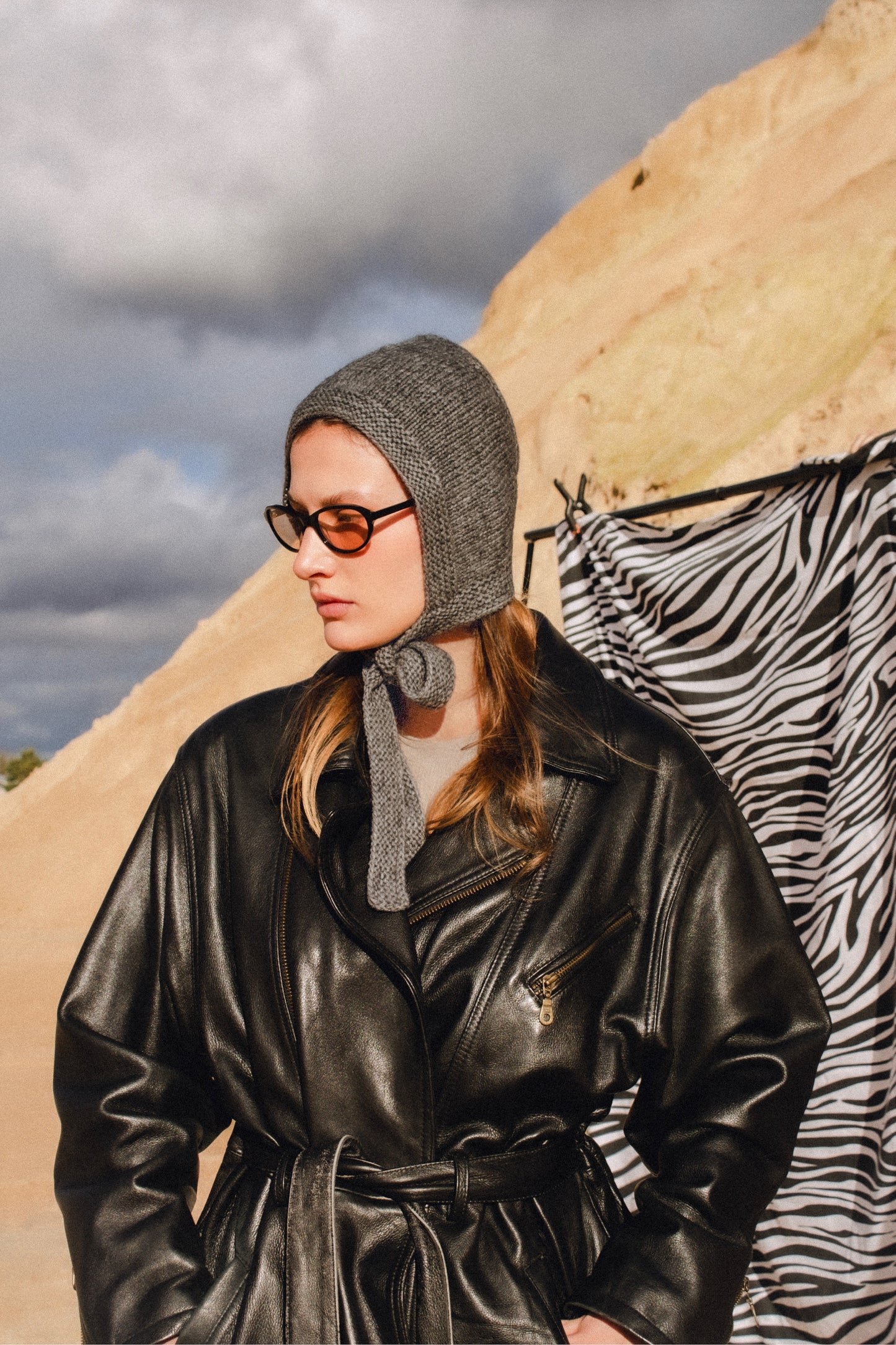Hand - knitted Bow Tie Mohair Bonnet in Gray Melange