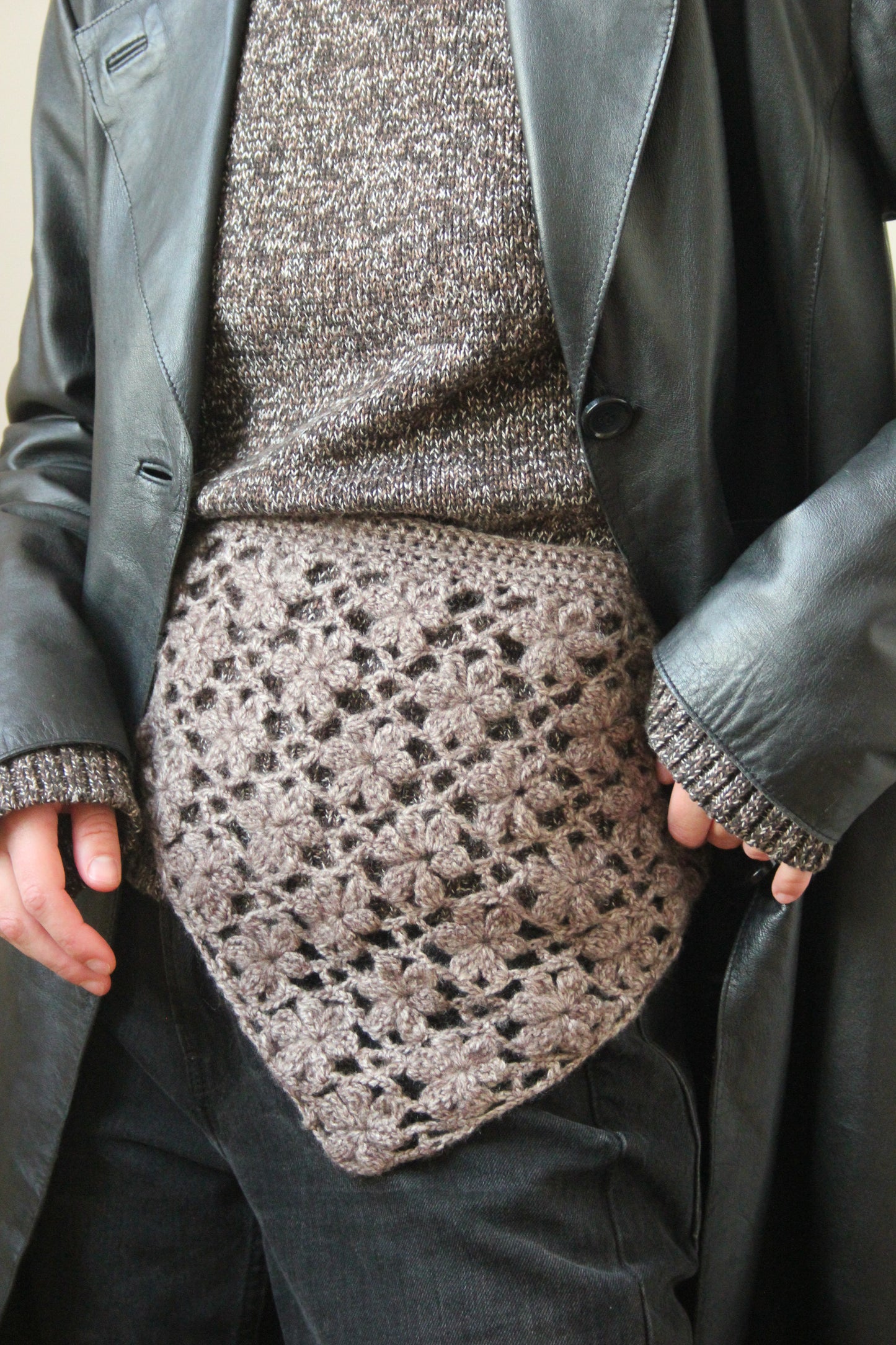 Hand - knitted Mesh Floral Mohair Melange Headscarf in Brown