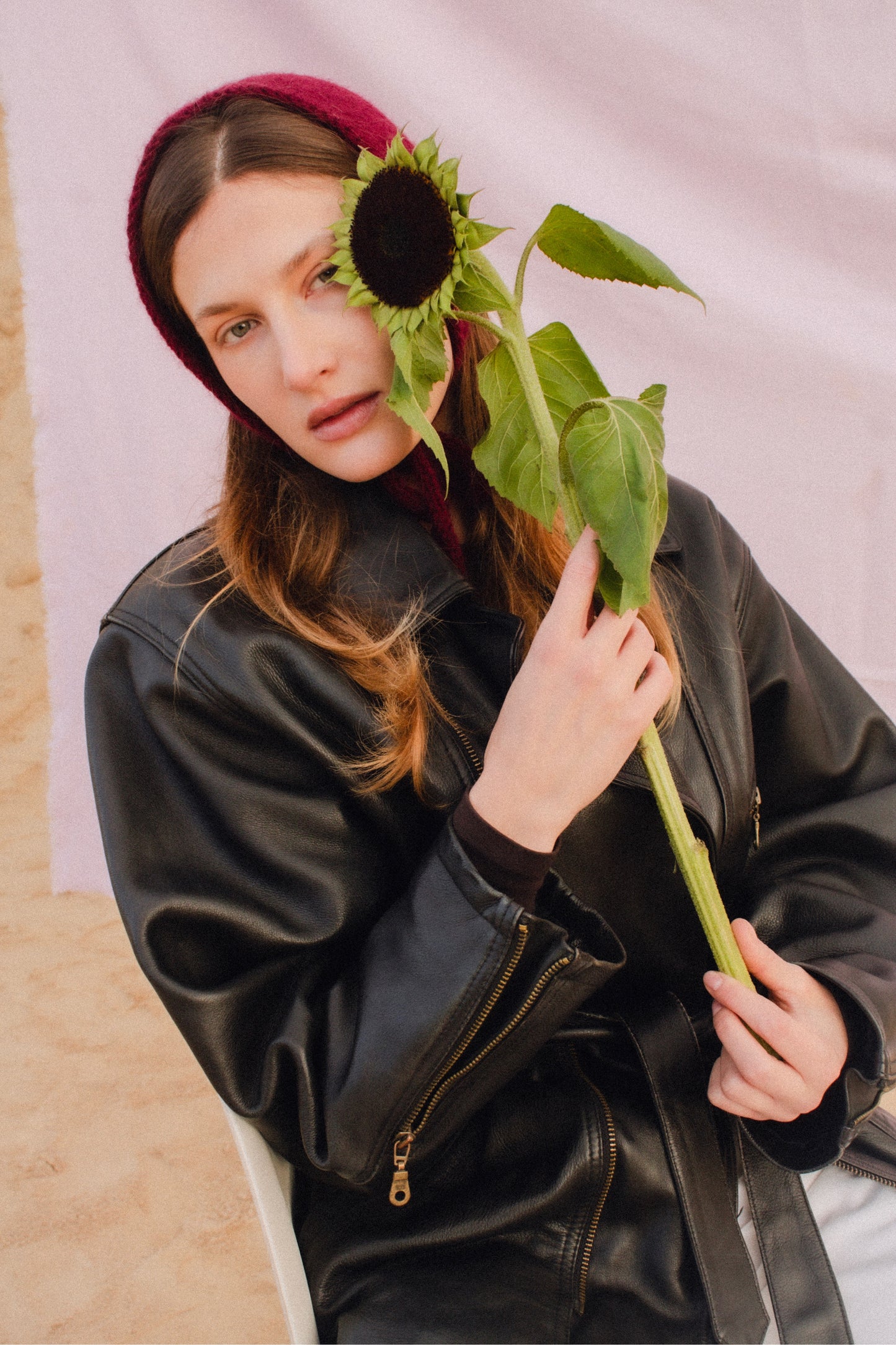 Hand - knitted Mohair Bonnet -Headband in Burgundy