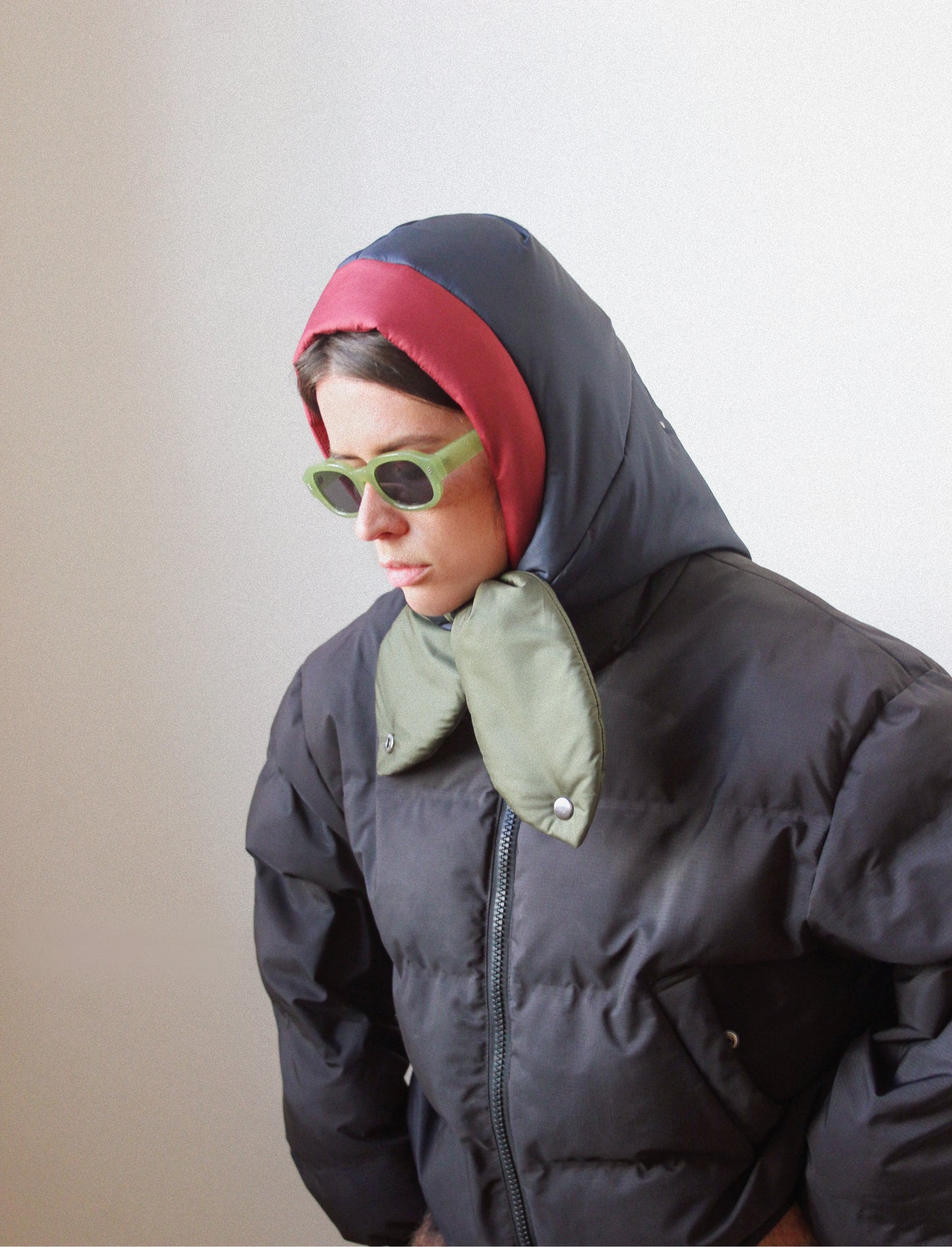 Multi Pillow Puffer Headscarf in Navy, Burgundy & Khaki