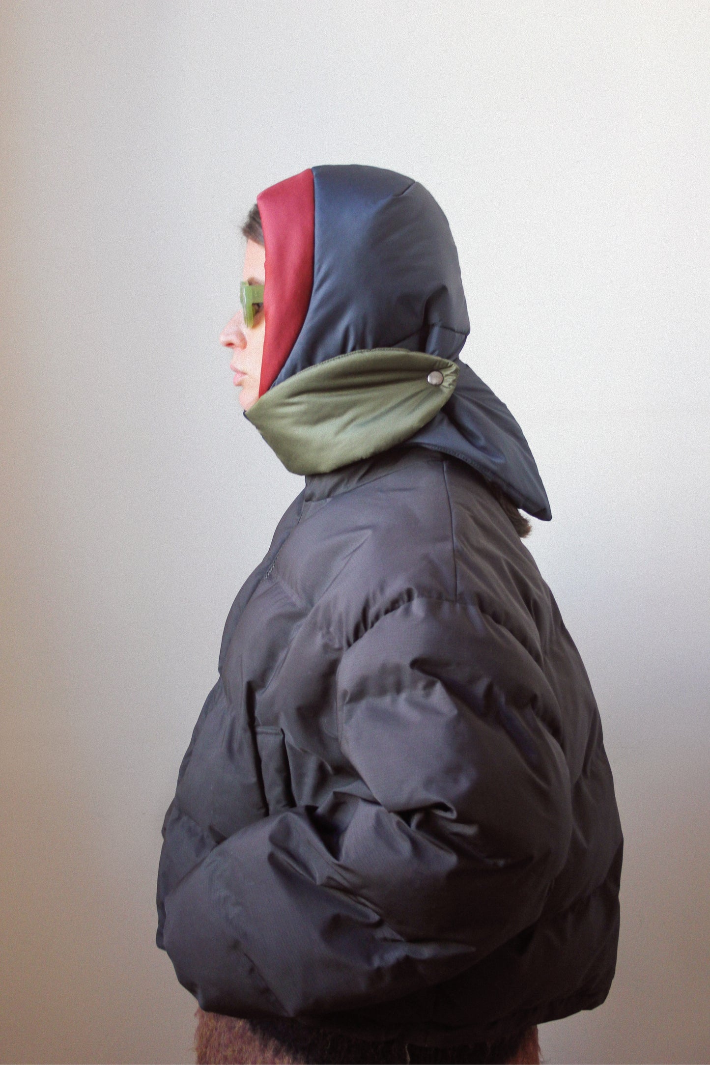 Multi Pillow Puffer Headscarf in Navy, Burgundy & Khaki