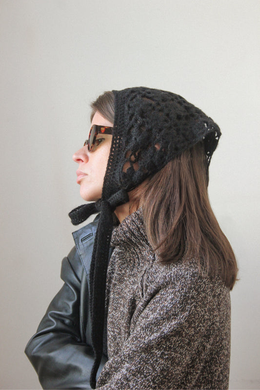 Hand - knitted Mesh Floral Mohair Headscarf in Black