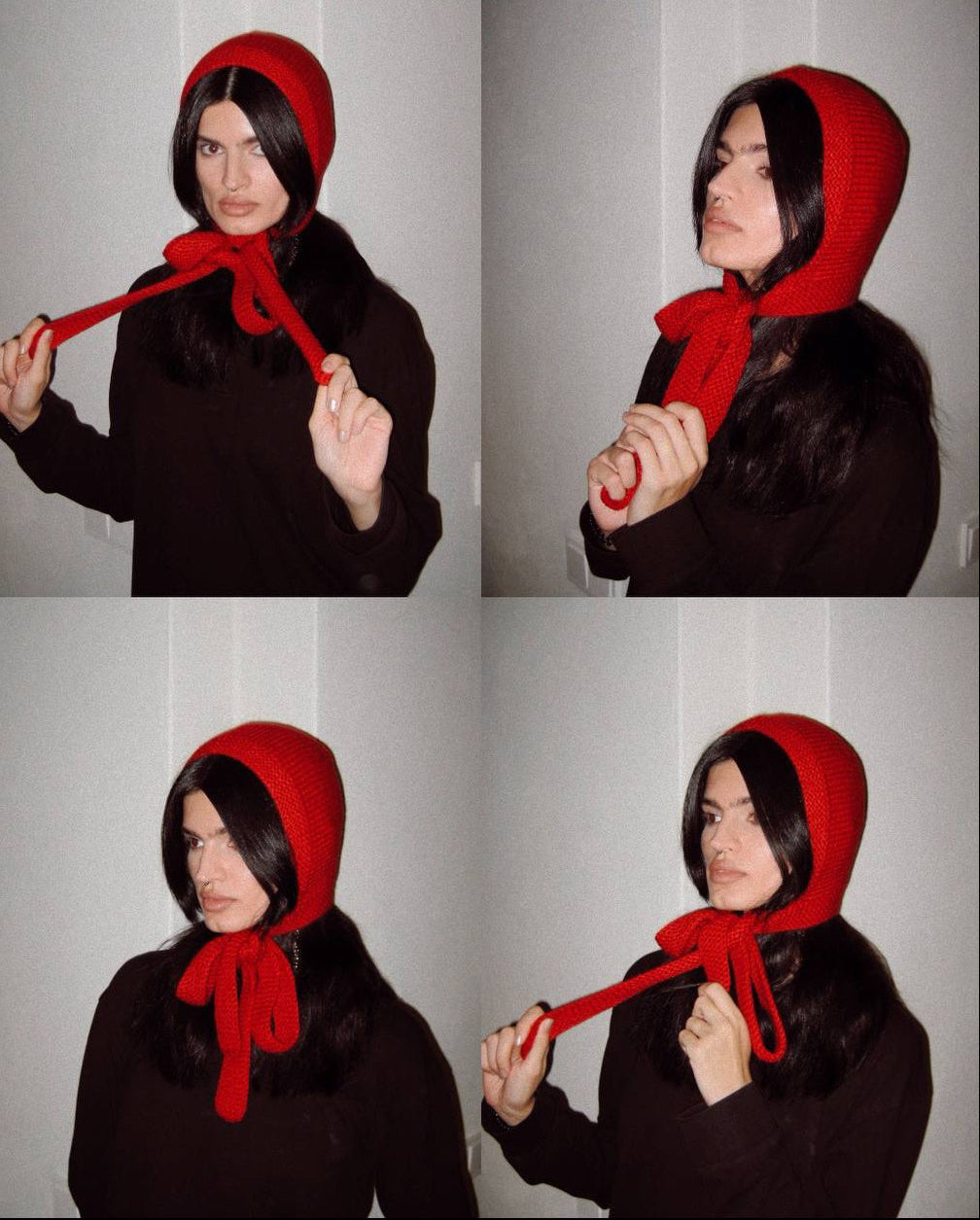 Hand-knitted Adult Bow Tie Bonnet hat in Hot Red