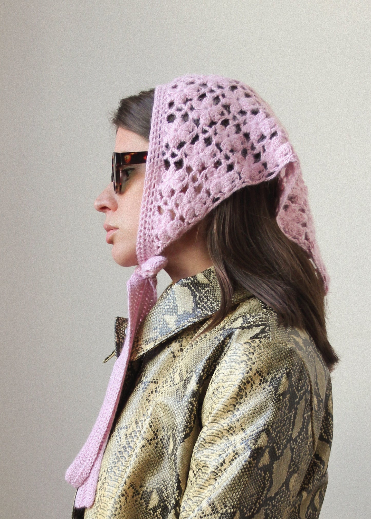 Hand-knitted Mesh Floral Mohair Headscarf in Powder Rose