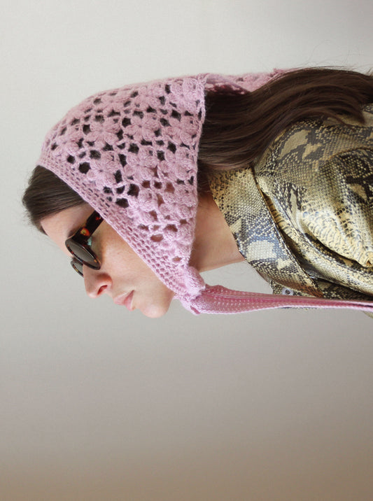 Hand-knitted Mesh Floral Mohair Headscarf in Powder Rose