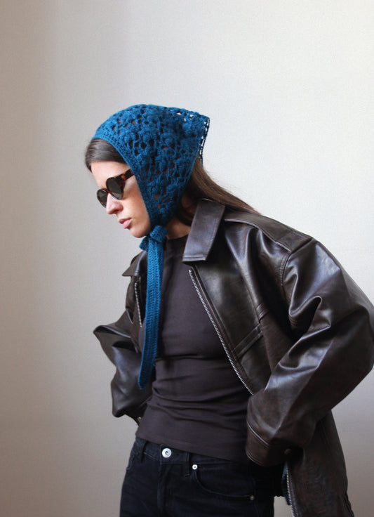 Hand-knitted Mesh Floral Mohair Headscarf in Azure Blue