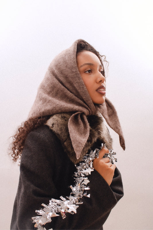 Hand - knitted Mohair Melange Headscarf in Brown