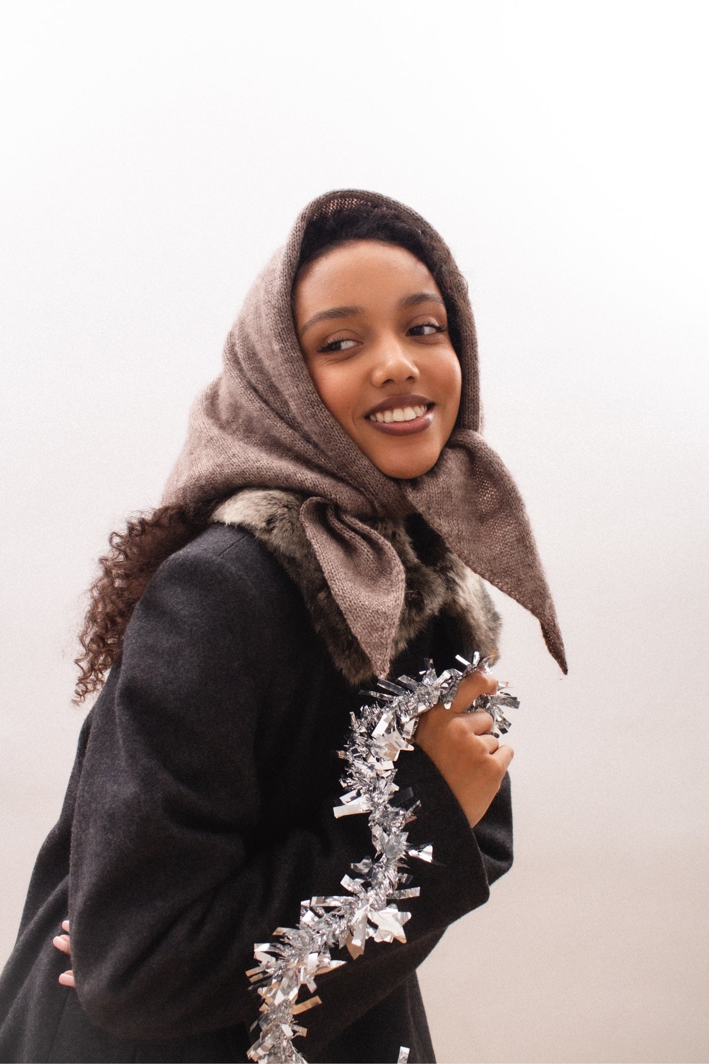 Hand - knitted Mohair Melange Headscarf in Brown