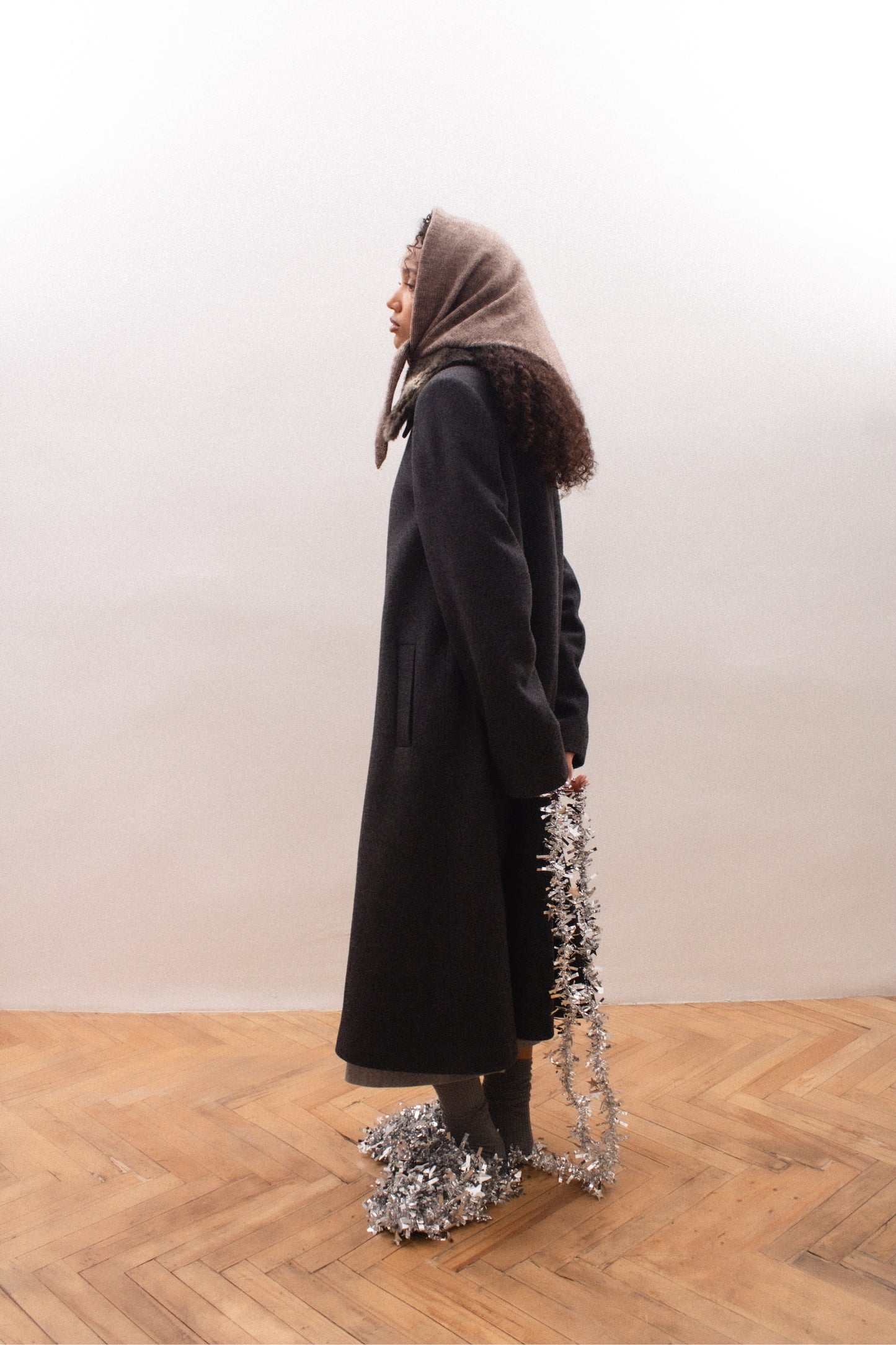 Hand - knitted Mohair Melange Headscarf in Brown