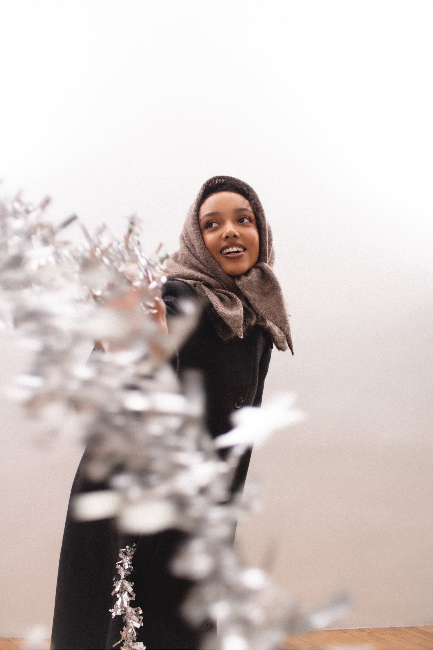 Hand - knitted Mohair Melange Headscarf in Brown