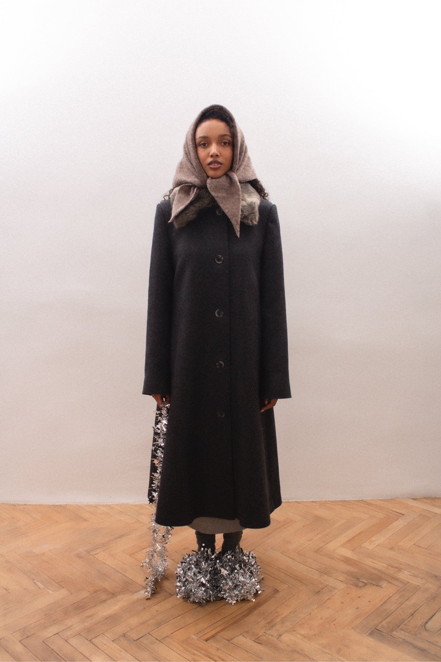 Hand - knitted Mohair Melange Headscarf in Brown