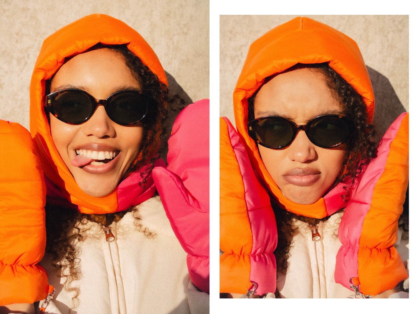 Bicolor Pillow Puffer Mittens on Strings in Orange & Hot Pink