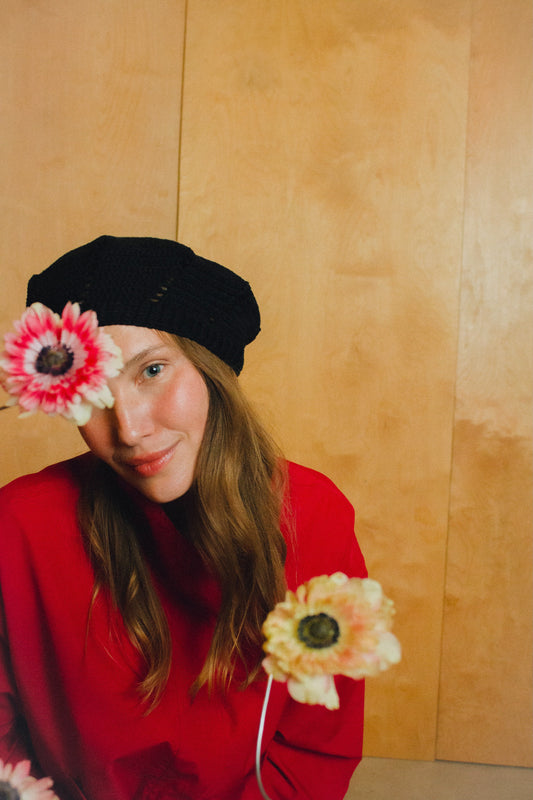 Cotton Crochet Beret in Black
