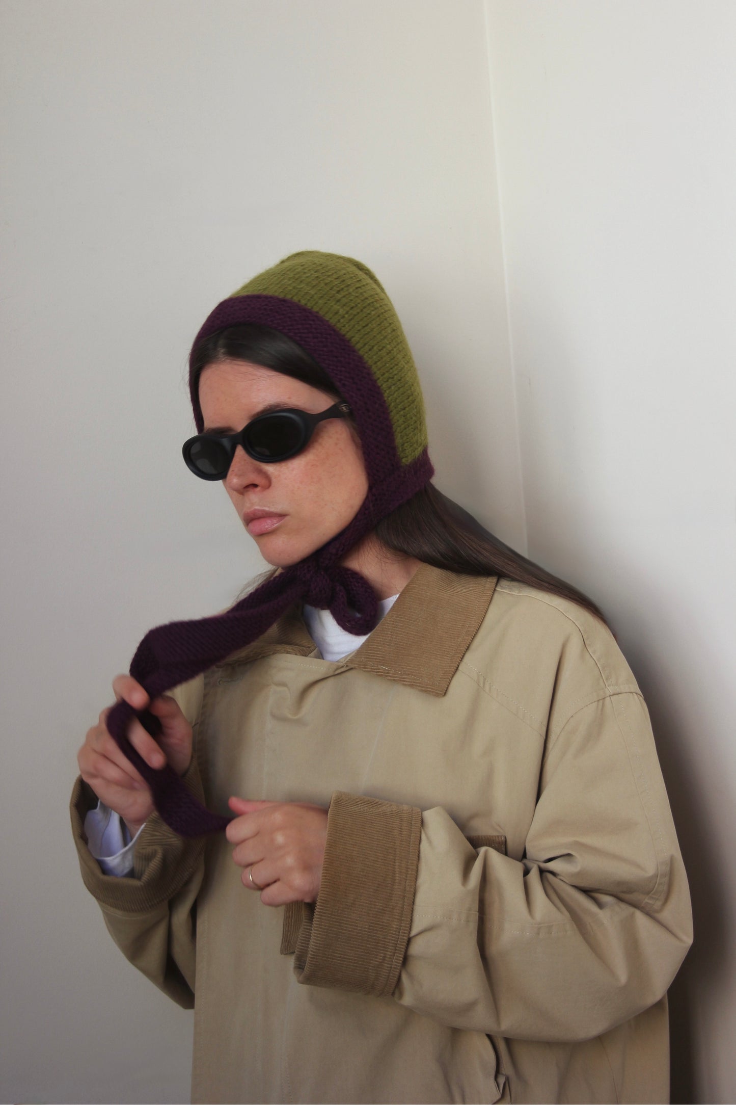Chunky Bonnet hat in Purple and Khaki Green