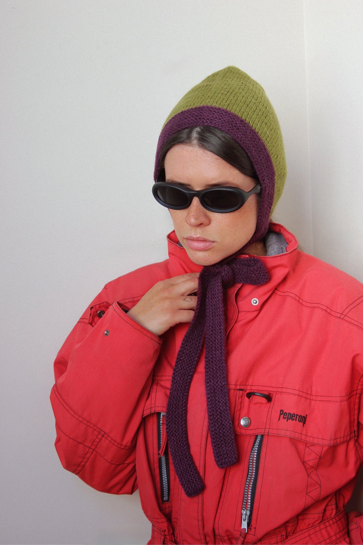 Chunky Bonnet hat in Purple and Khaki Green