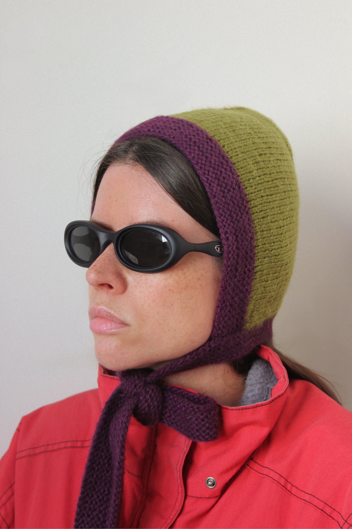 Chunky Bonnet hat in Purple and Khaki Green