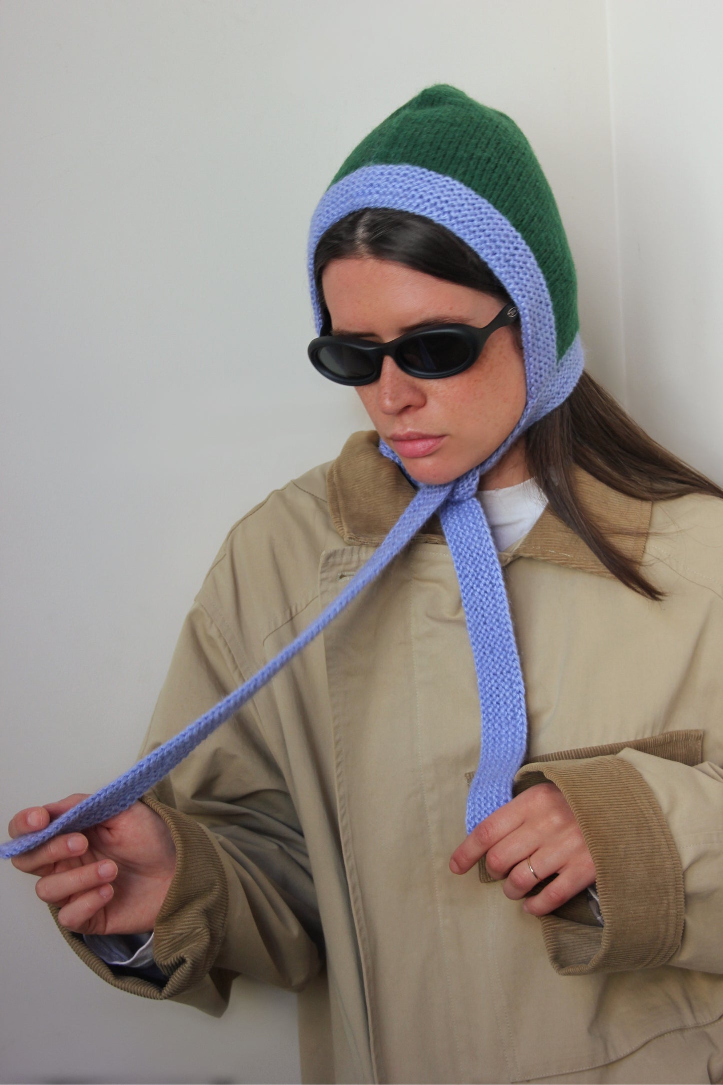Chunky Bonnet hat in Green and Baby Blue
