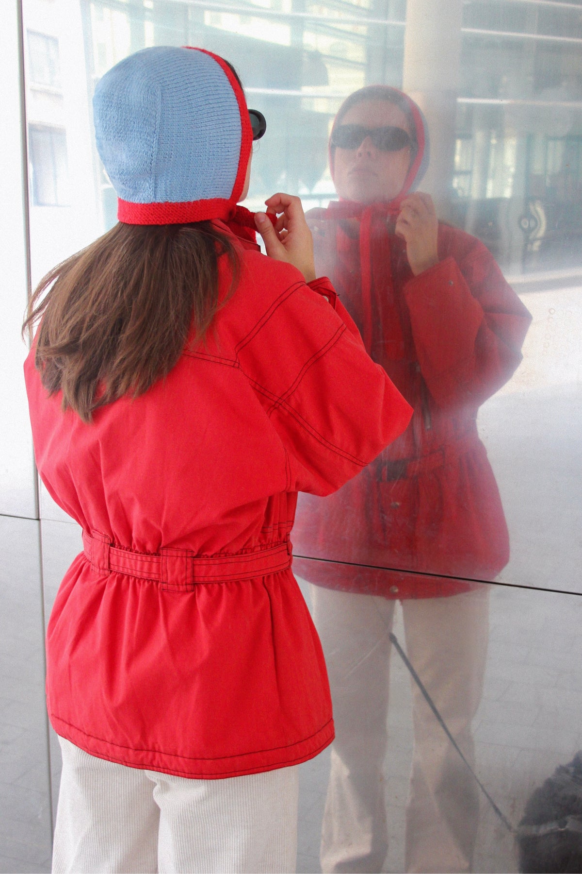 Chunky Bonnet hat in Red & Baby Blue