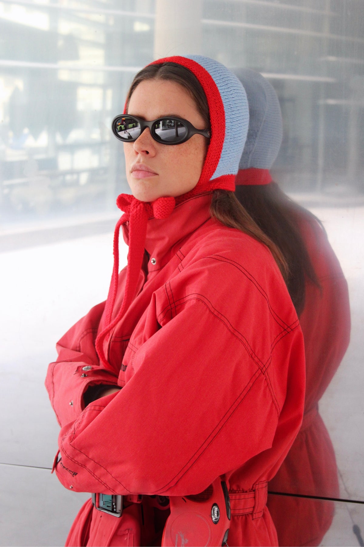 Chunky Bonnet hat in Red & Baby Blue