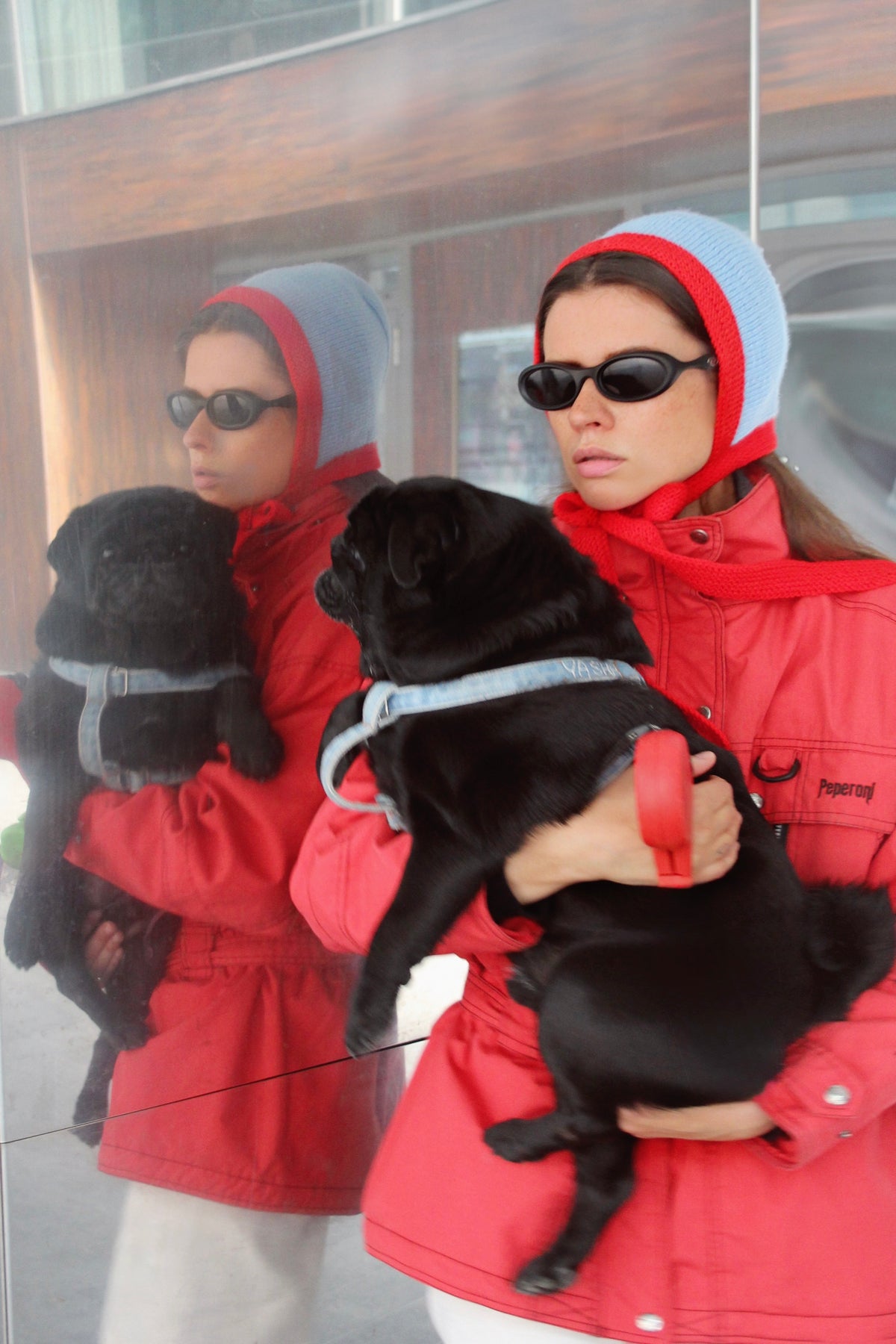 Chunky Bonnet hat in Red & Baby Blue