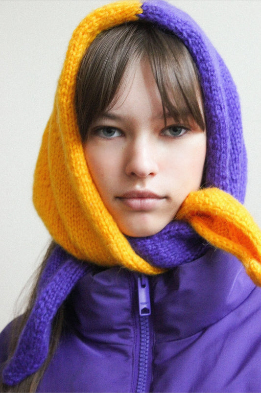 Hand - knitted Bicolour Mohair Headscarf in Rich Yellow & Purple