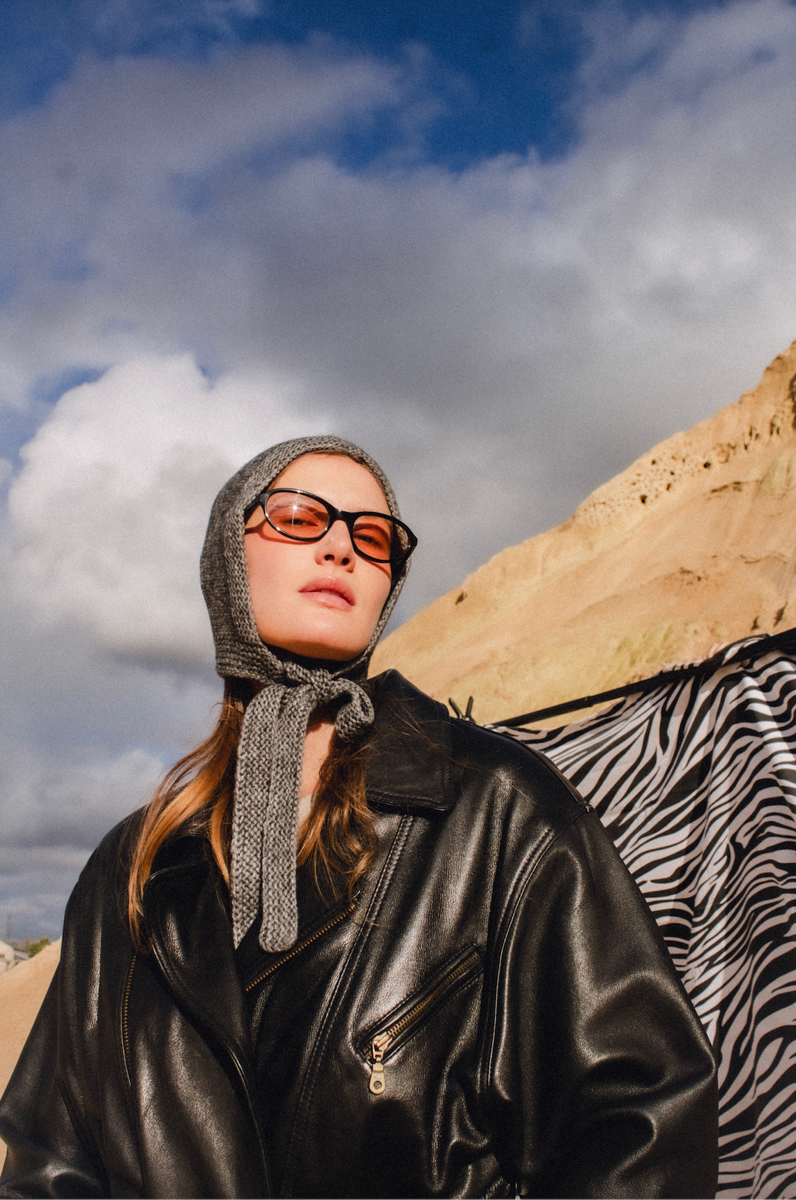 Hand - knitted Bow Tie Mohair Bonnet in Gray Melange