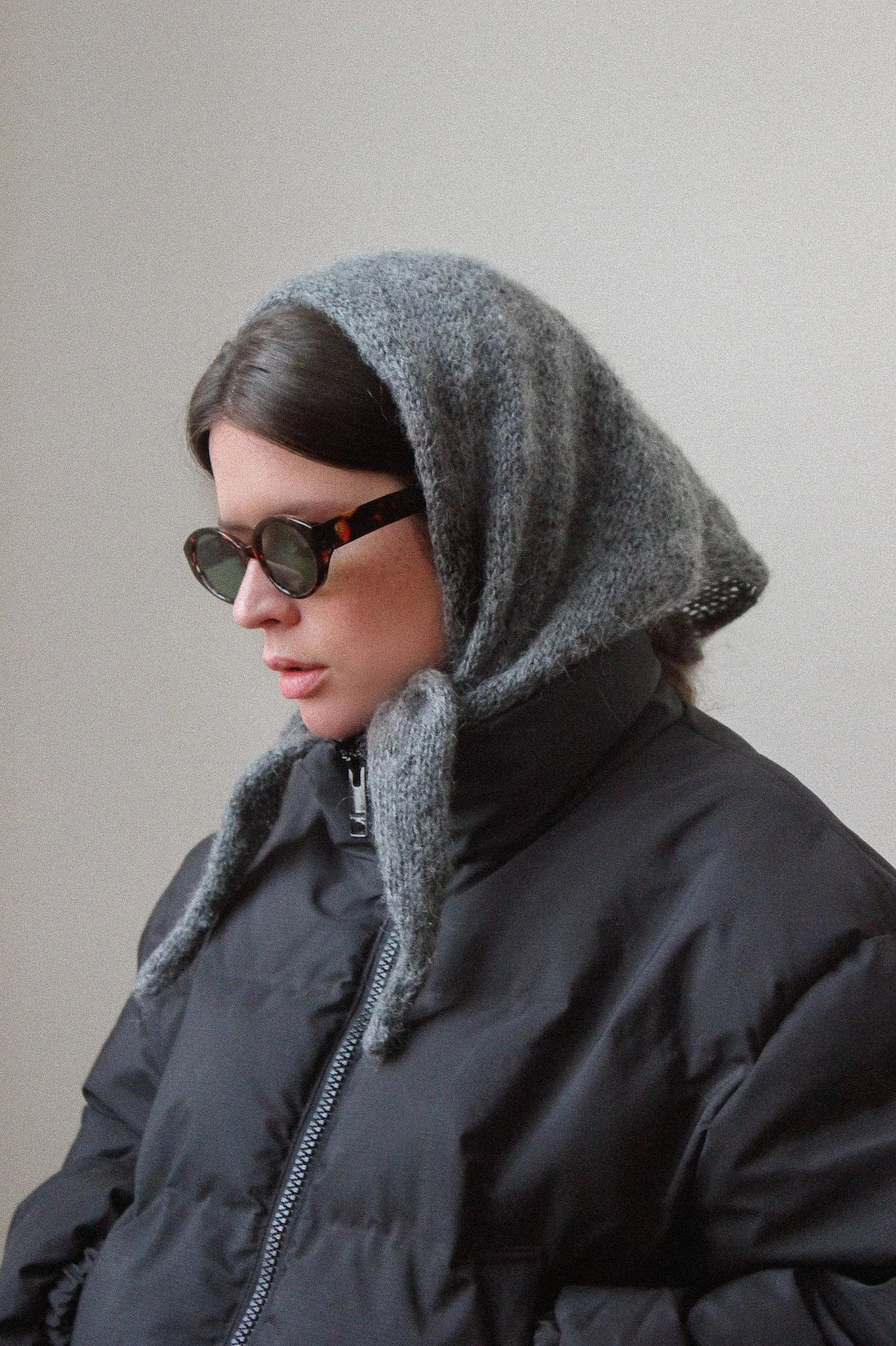 Hand - knitted Mohair Melange Headscarf in Charcoal Gray