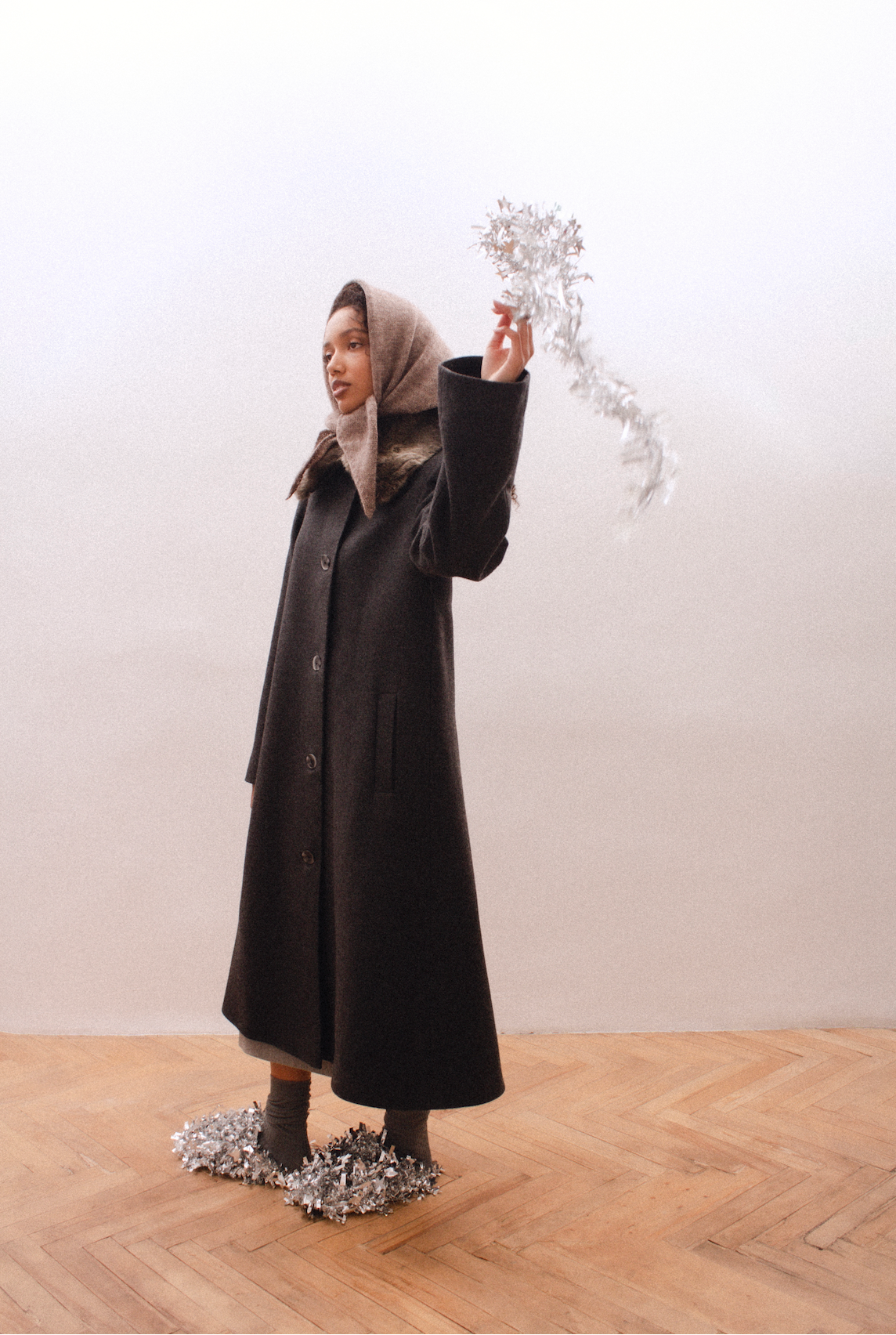 Hand - knitted Mohair Melange Headscarf in Brown