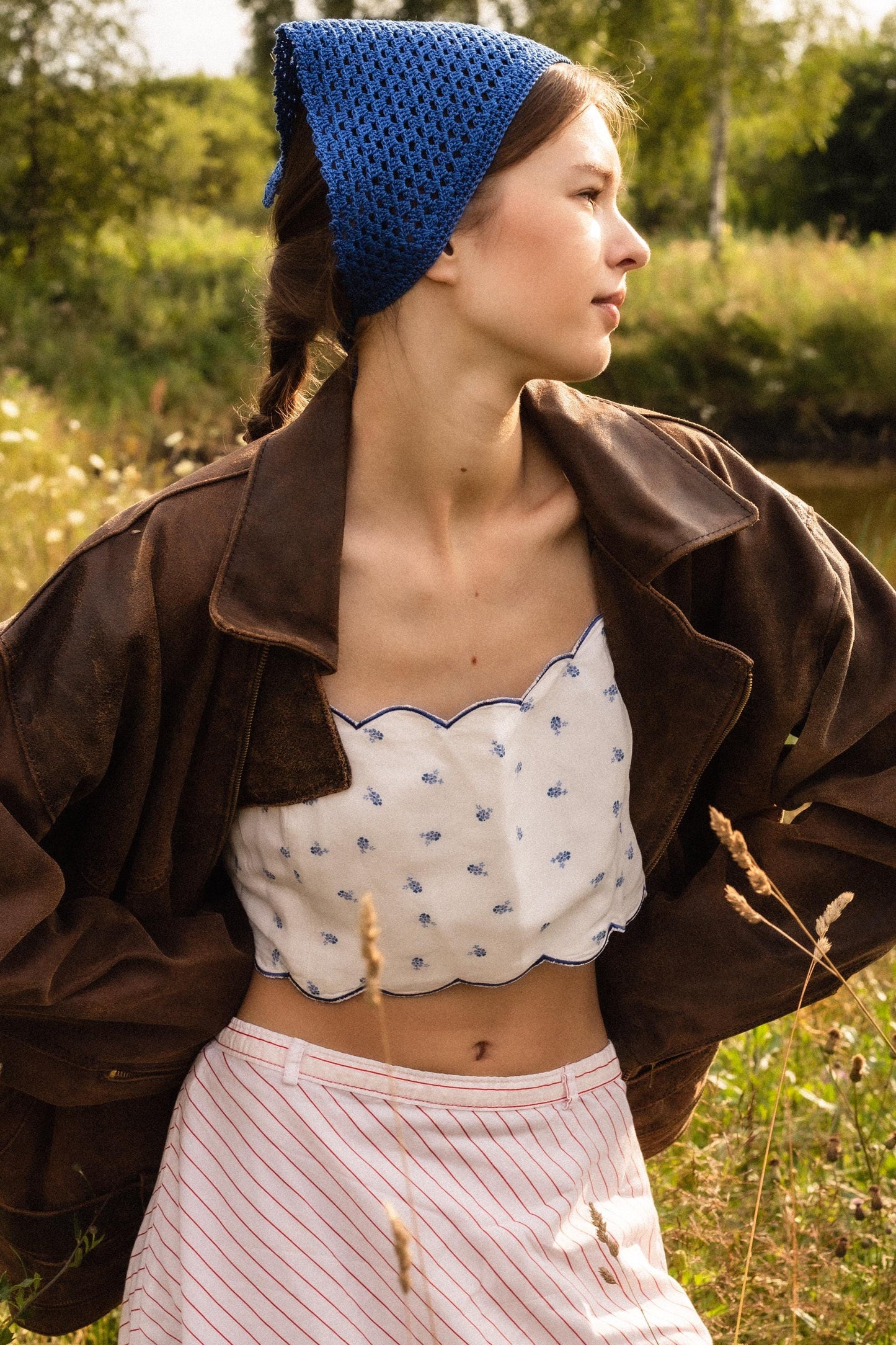 Crochet Mesh Headscarf in Blue