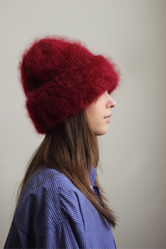 Premium Mohair Beanie Hat in Burgundy