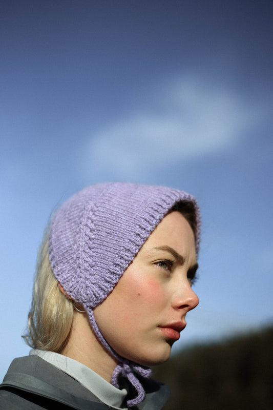 Hand - knitted Adult Bow Tie Bonnet in powder Lilac