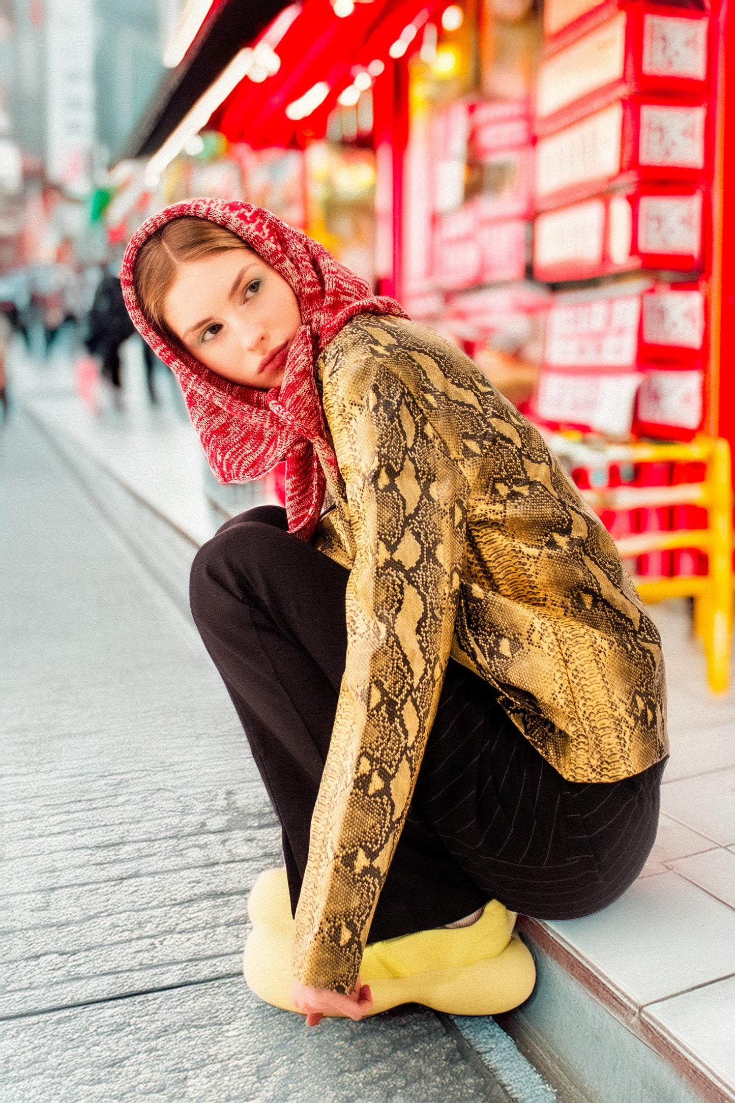Hand - knitted Melange Headscarf in Red