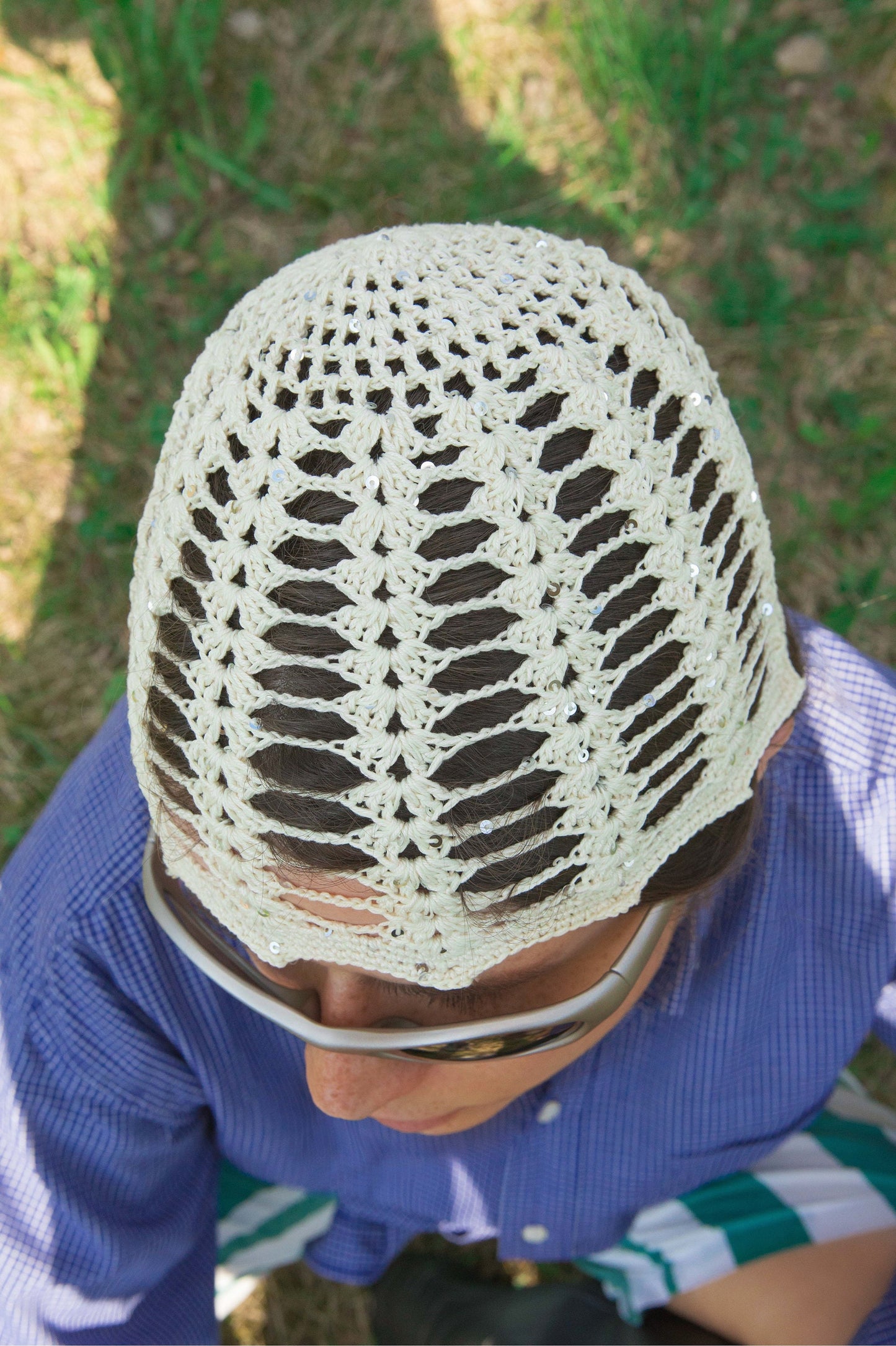 Premium Cotton Mesh Crochet Hat in Ivory With Sequins