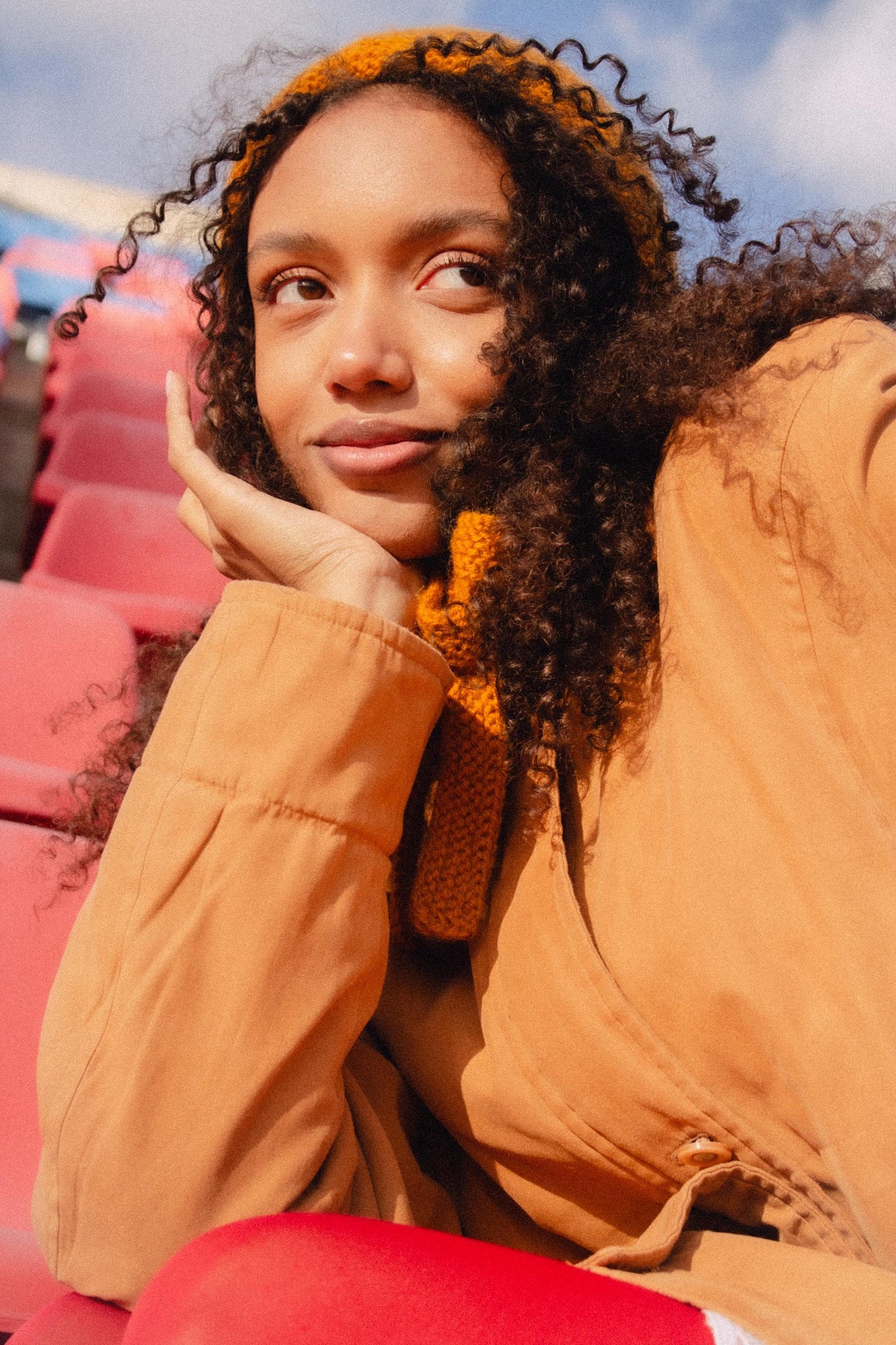 Hand - knitted Adult Bow Tie Mohair Bonnet in Mustard Yellow