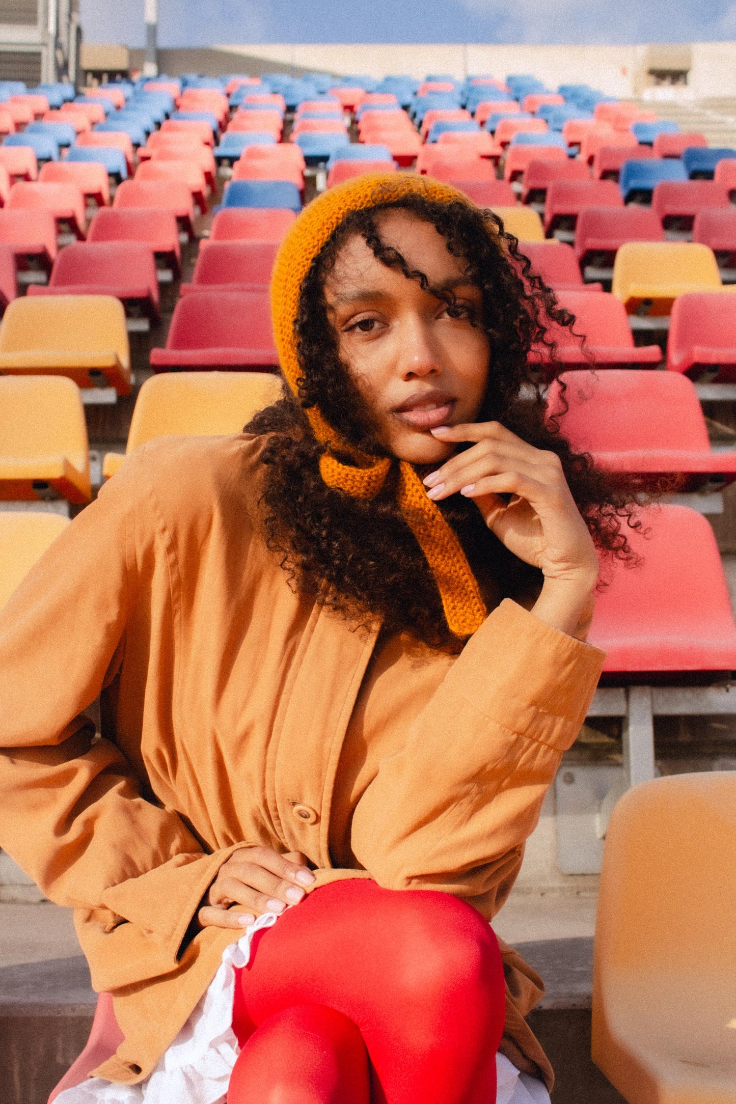 Hand - knitted Adult Bow Tie Mohair Bonnet in Mustard Yellow