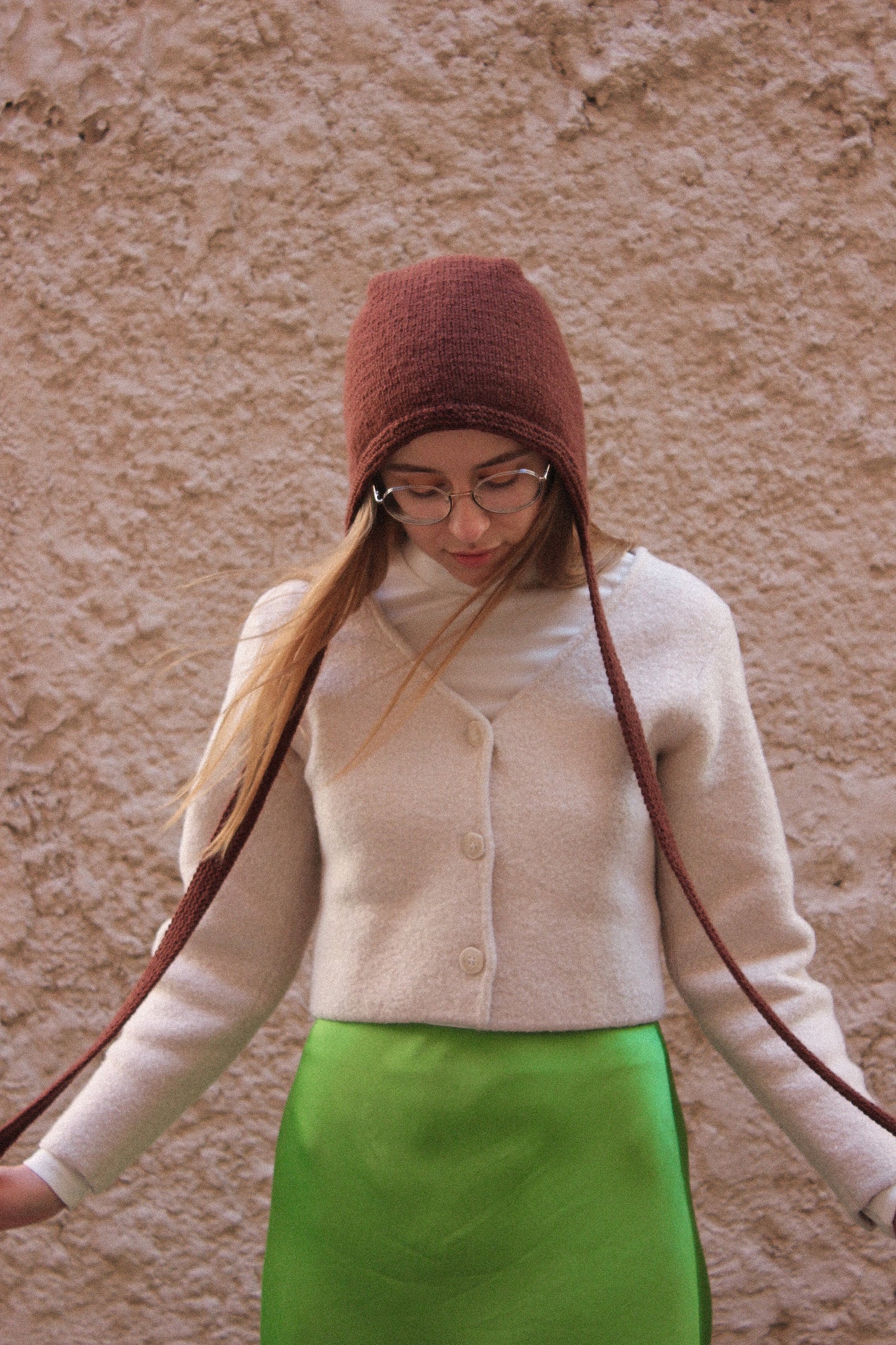 Hand-knitted Adult Bow Tie Bonnet hat with long ties in brown