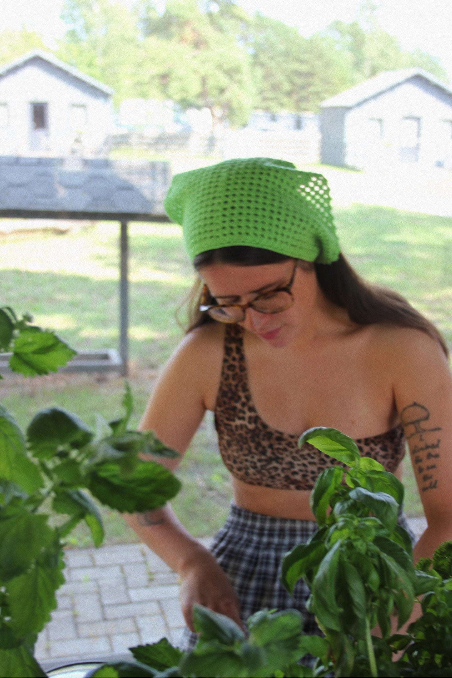 Crochet Mesh Headscarf in Light Green