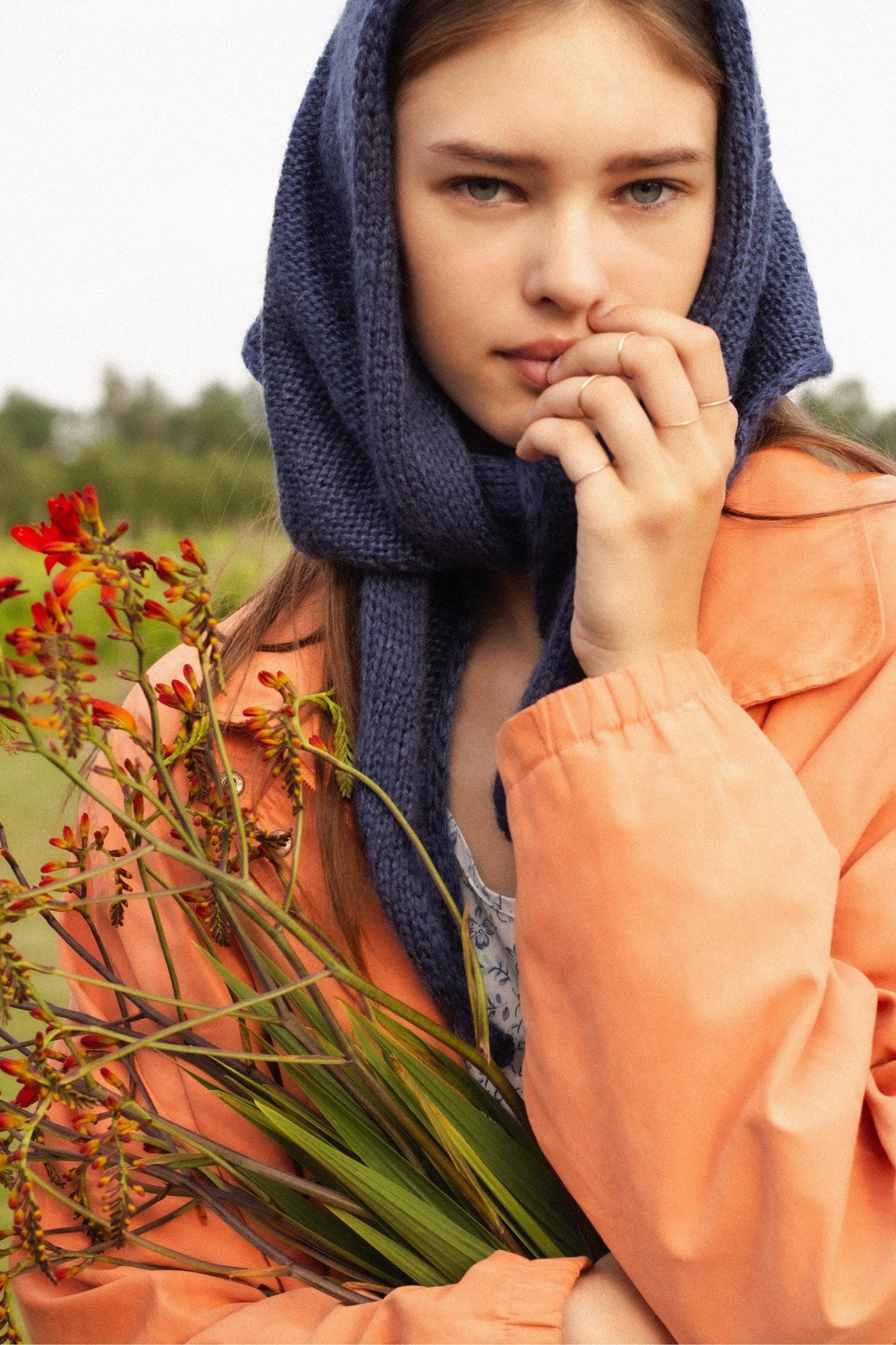 Hand - knitted Mohair Headscarf in Navy