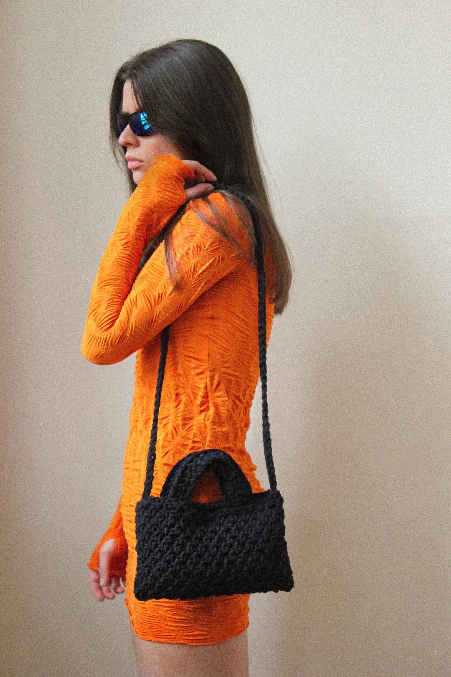 Сoarse knitted crossbody tote bag in black , tote bag