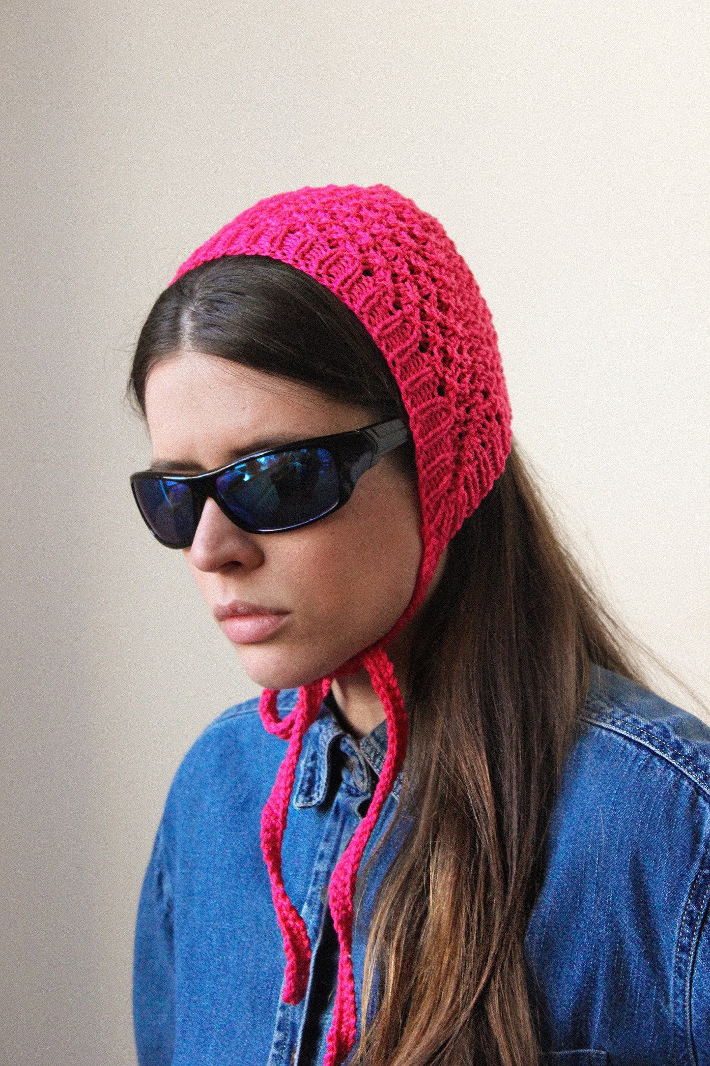 Hand - knitted Mesh Bonnet Headband in Pink