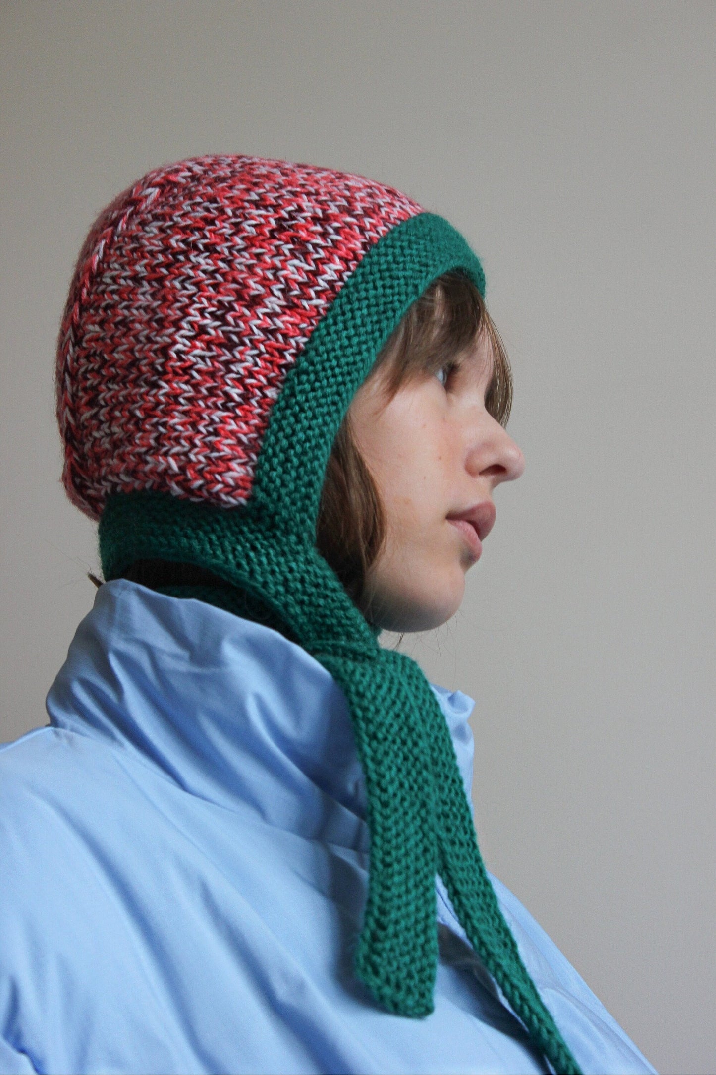 Hand - Knitted Melange Chunky Bow Tie Bonnet Hat in Pink and Emerald Green