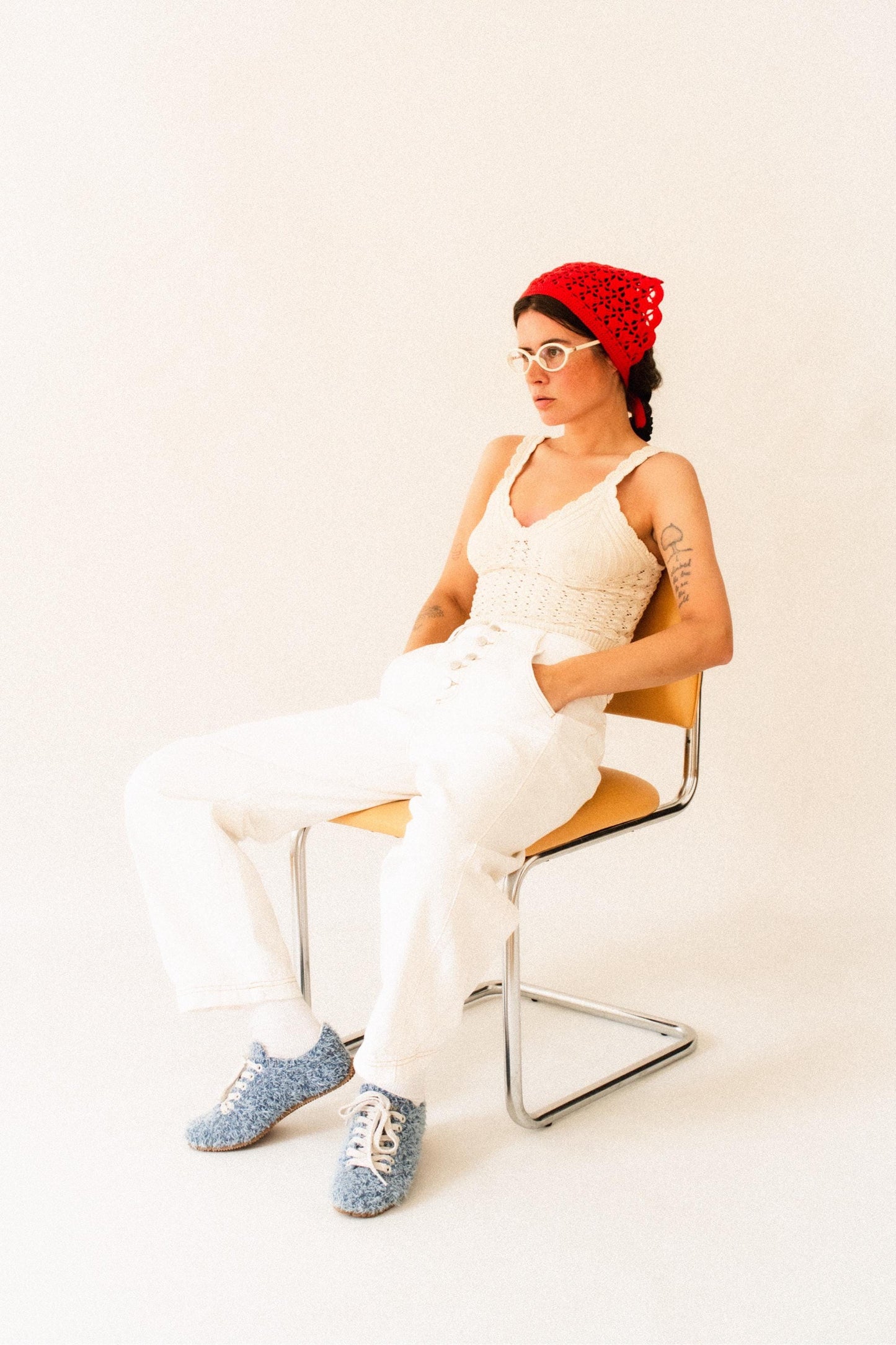 Crochet Premium Cotton Shell & Lace Stitch Headscarf in Red