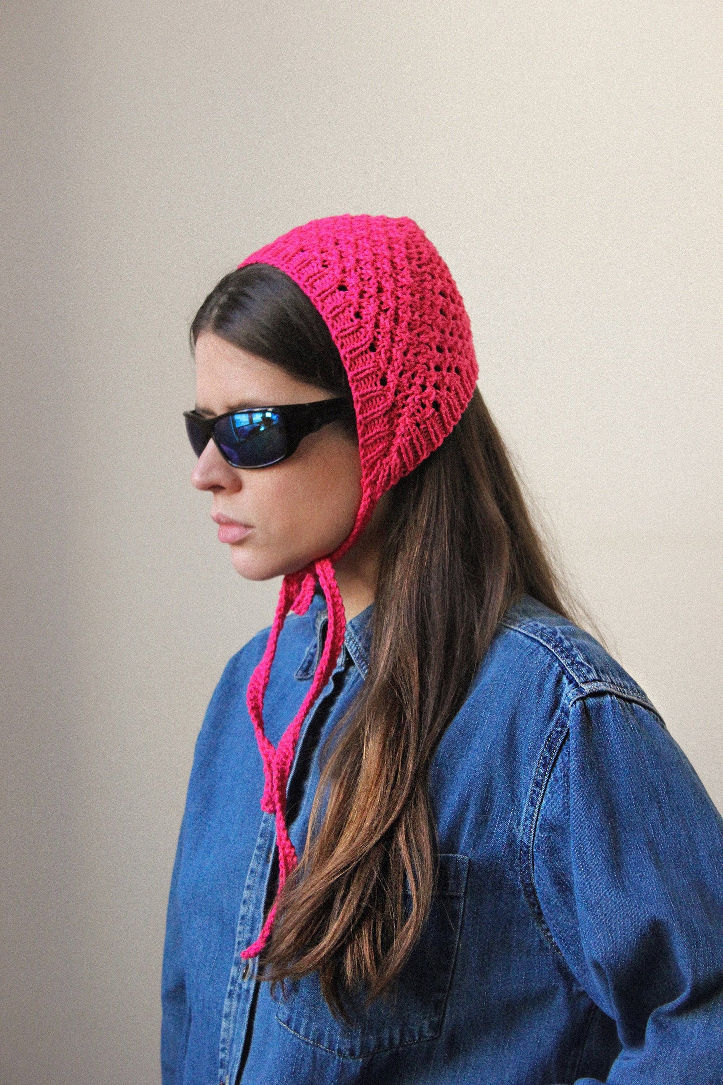 Hand - knitted Mesh Bonnet Headband in Pink
