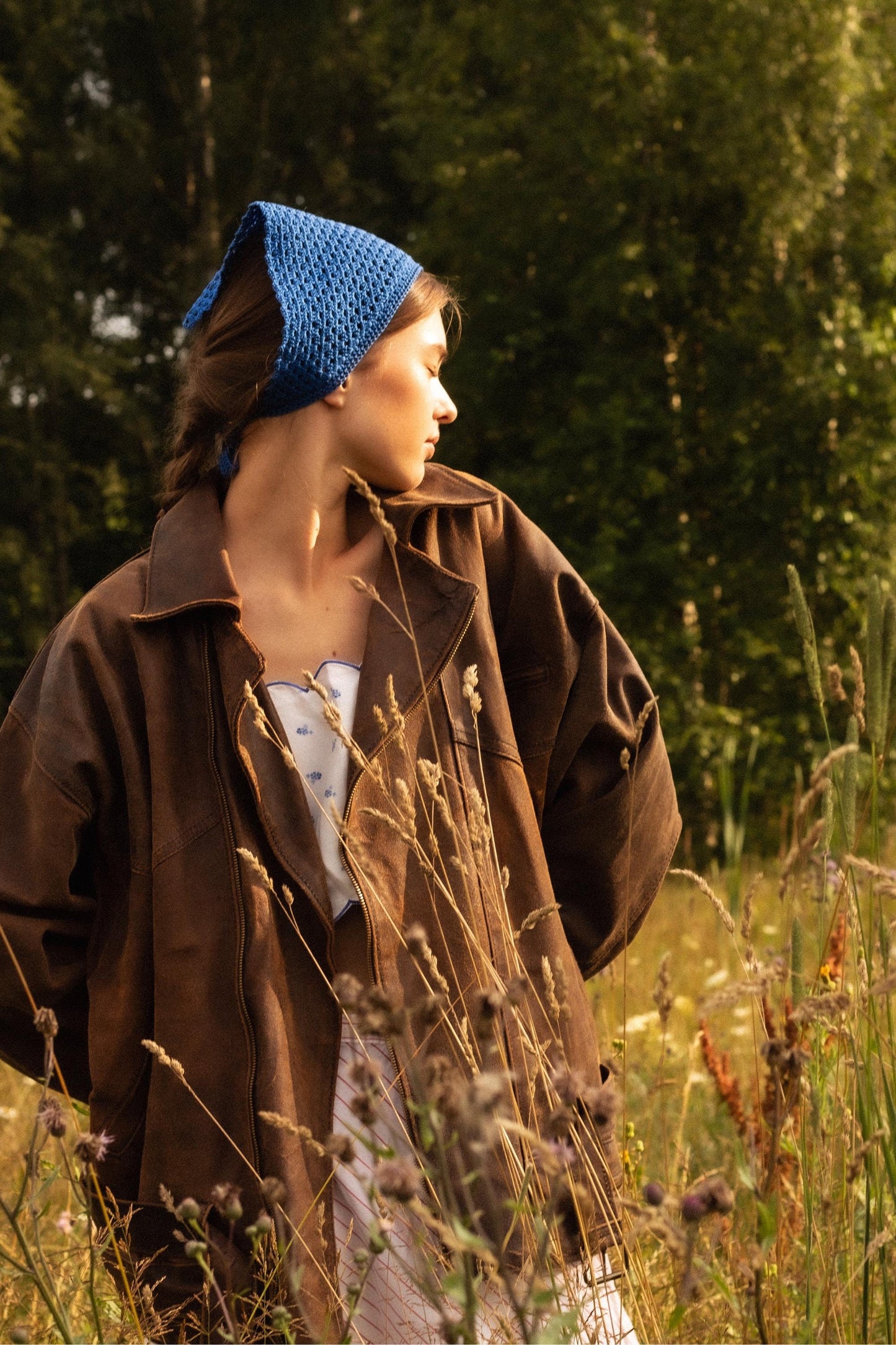 Crochet Mesh Headscarf in Blue