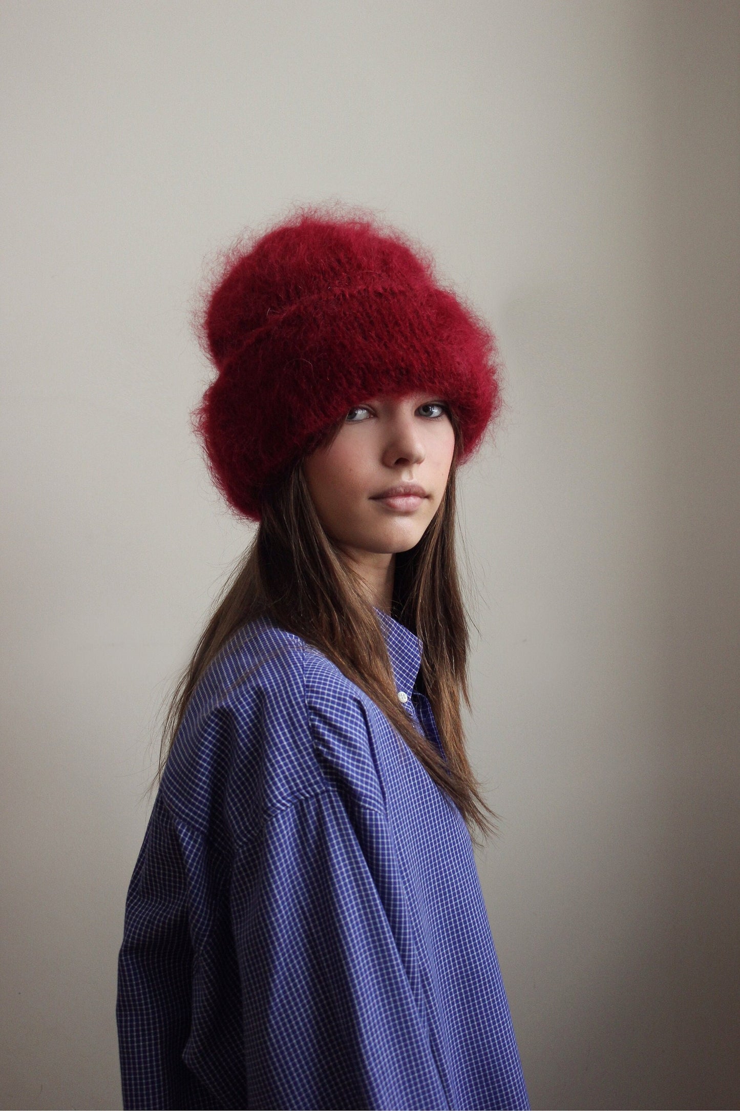 Premium Mohair Beanie Hat in Burgundy